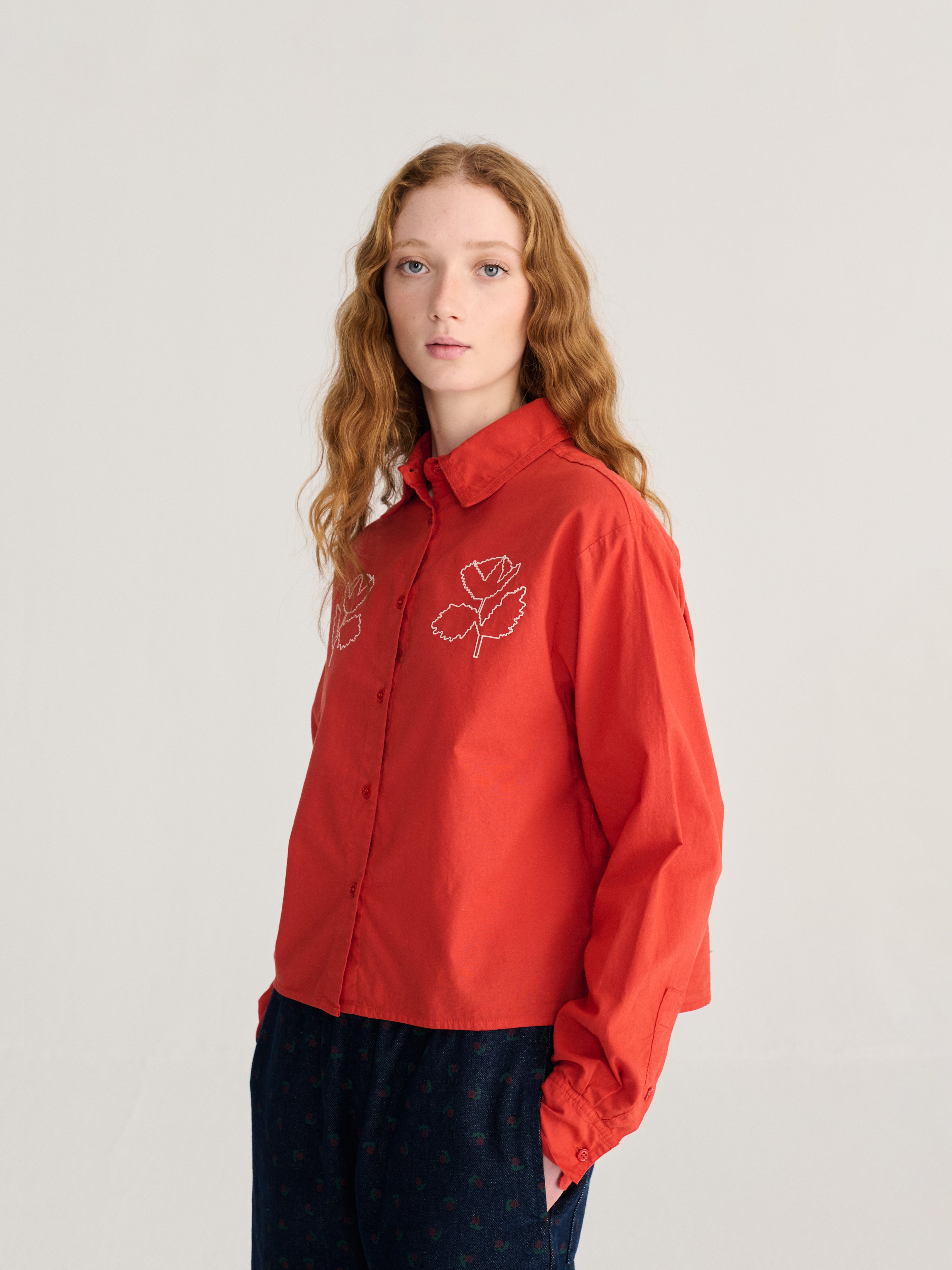 LEO BOUTIQUE Vibrant Flower Embroidery Poplin Shirt | Red BOBO CHOSES