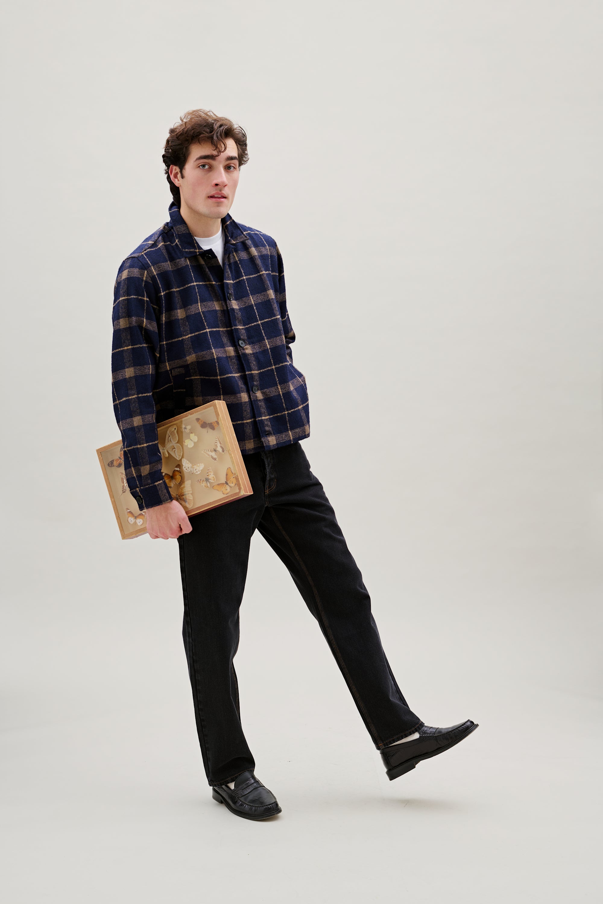 FORET Sun Wool Relaxed Fit Check OverShirt | Navy LEO BOUTIQUE