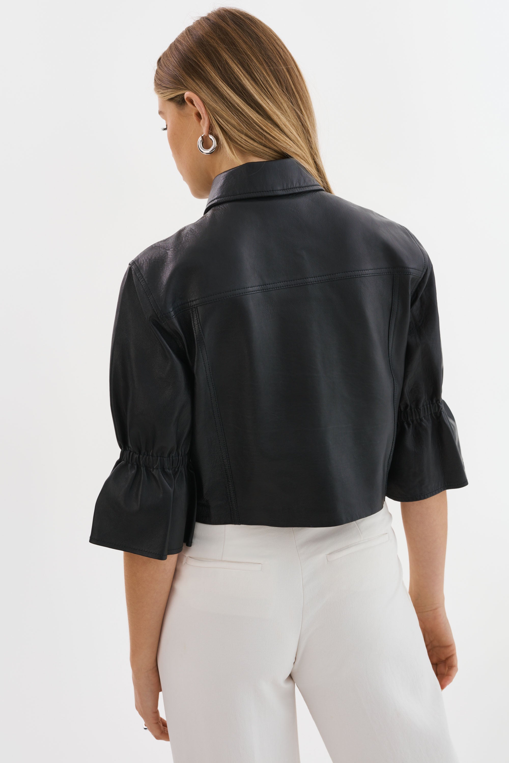 LEO BOUTIQUE Carolina Leather Ruffle Sleeve Jacket Black LAMARQUE