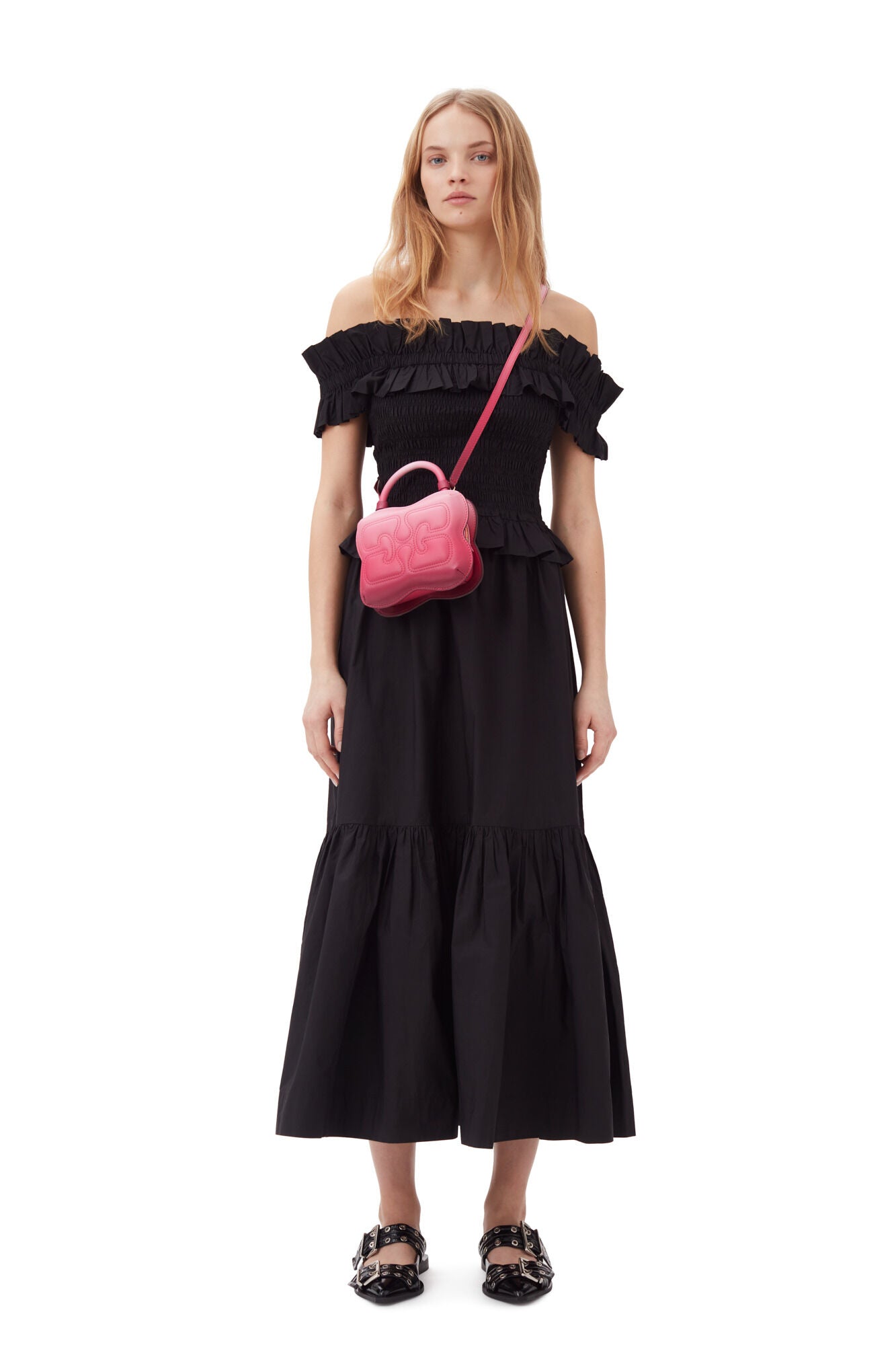 LEO boutique cotton poplin off-shoulder smock top black GANNI