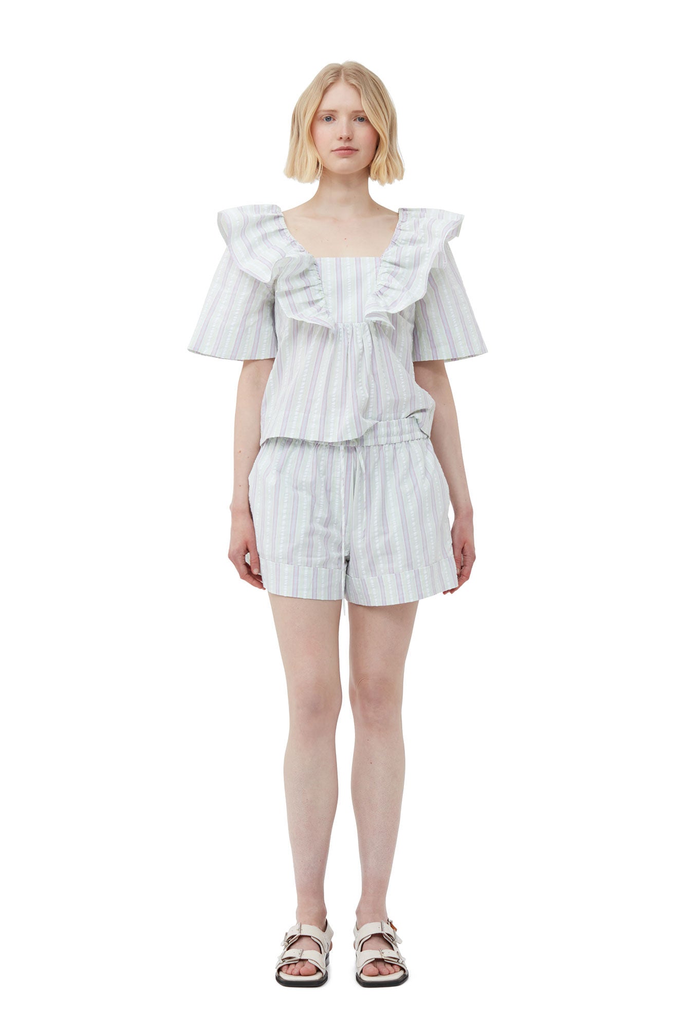 GANNI Stripe Seersucker Ruffle Blouse Mauve Chalk LEO BOUTIQUE