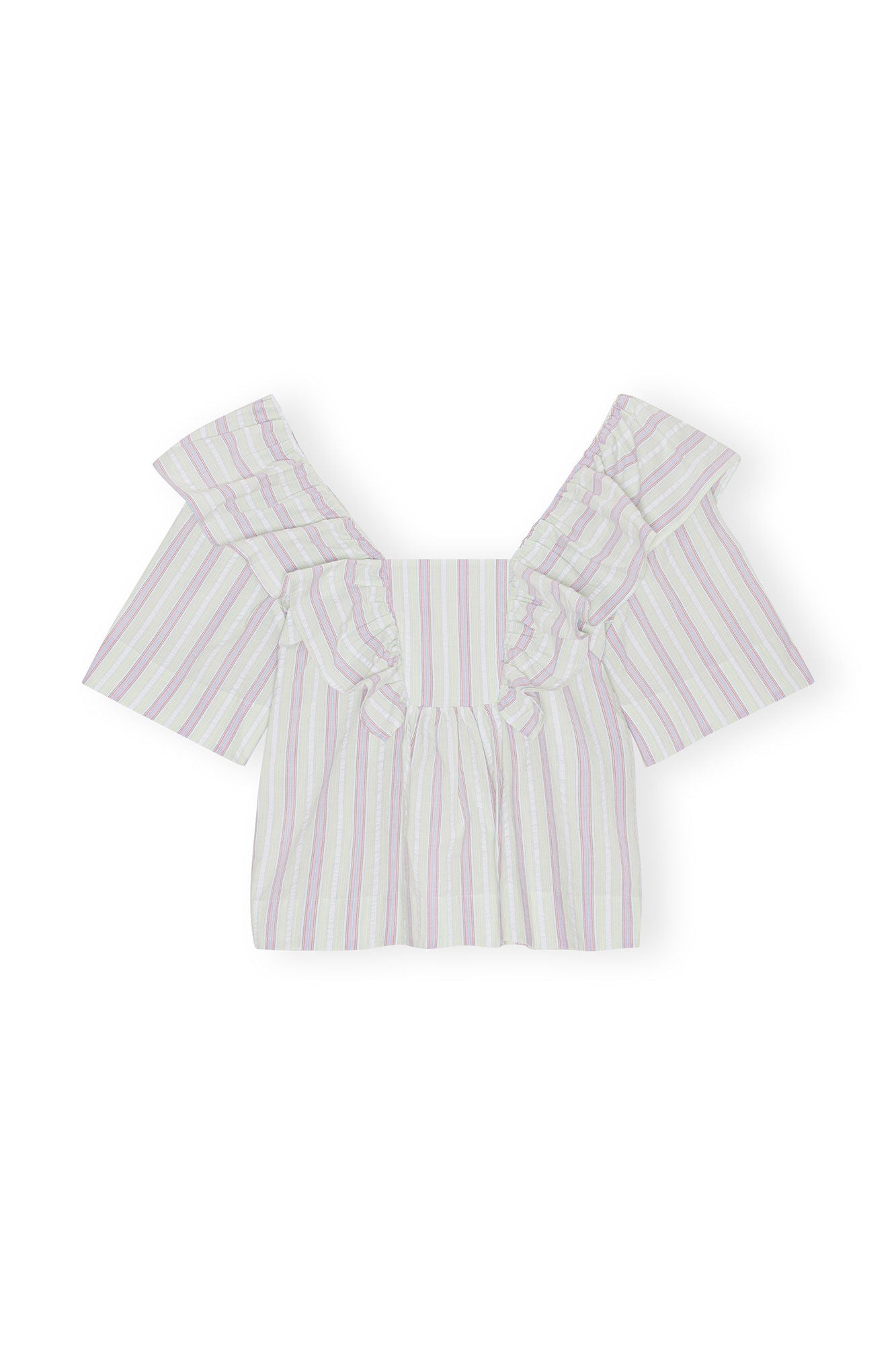 GANNI Stripe Seersucker Ruffle Blouse Mauve Chalk LEO BOUTIQUE
