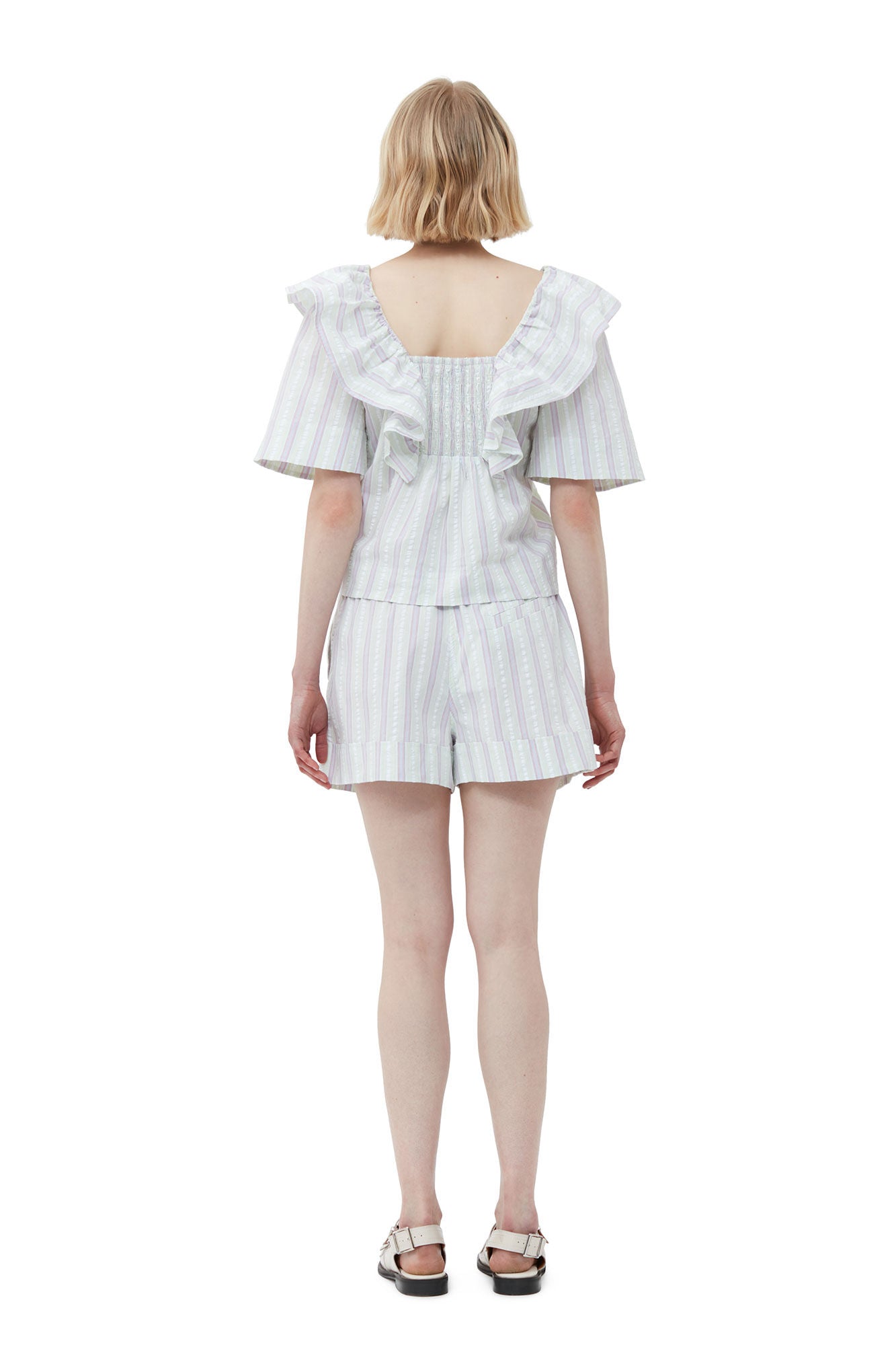 GANNI Stripe Seersucker Ruffle Blouse Mauve Chalk LEO BOUTIQUE