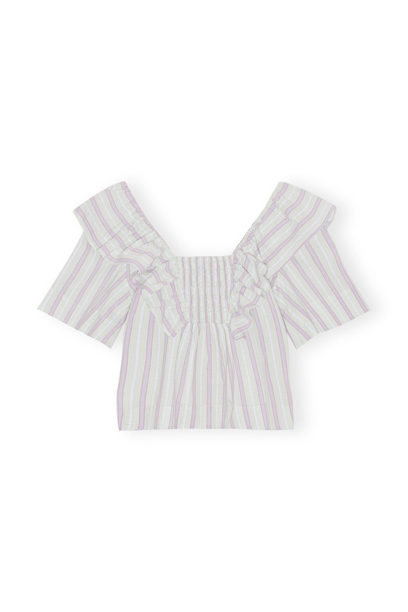 GANNI Stripe Seersucker Ruffle Blouse Mauve Chalk LEO BOUTIQUE