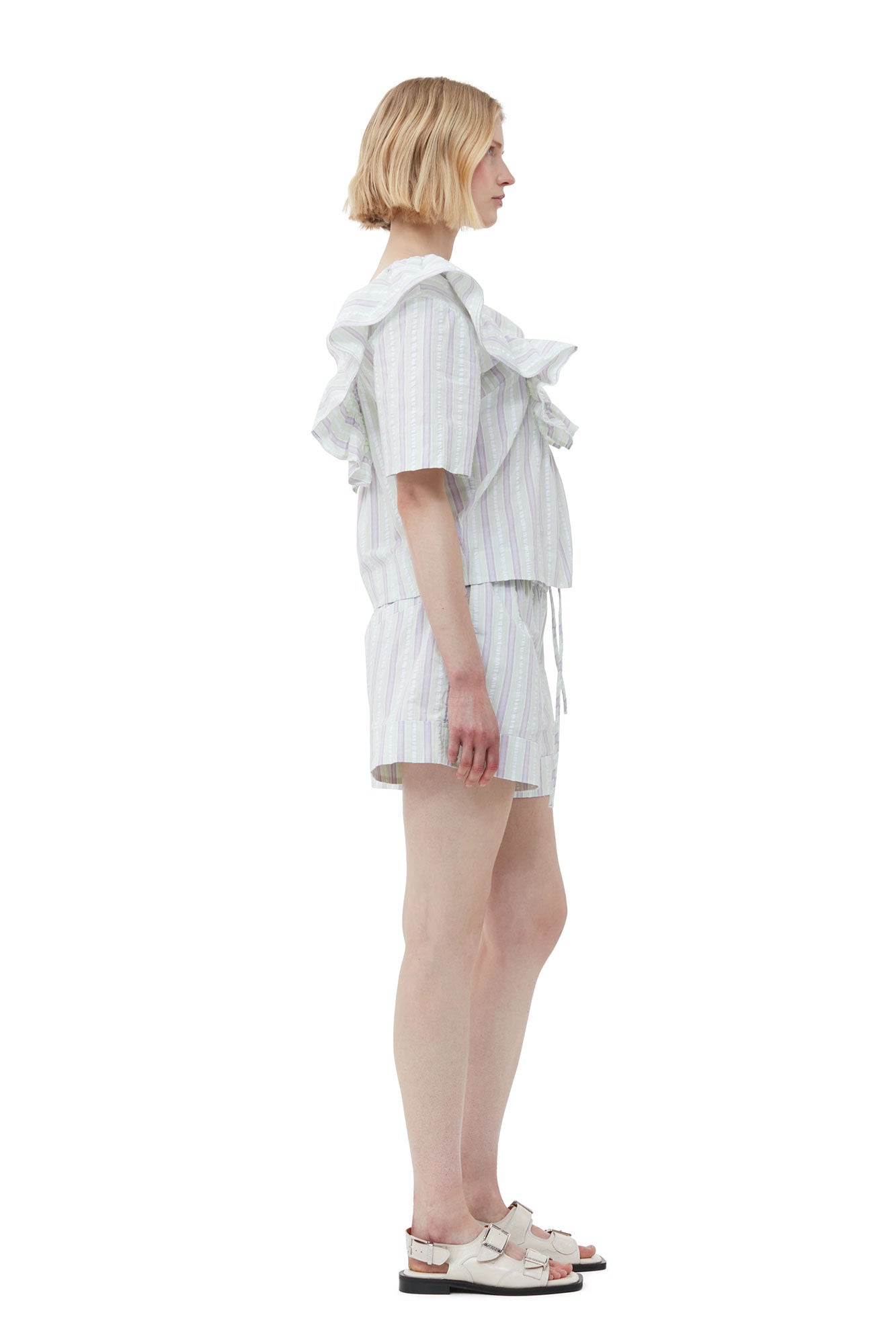 GANNI Stripe Seersucker Ruffle Blouse Mauve Chalk LEO BOUTIQUE
