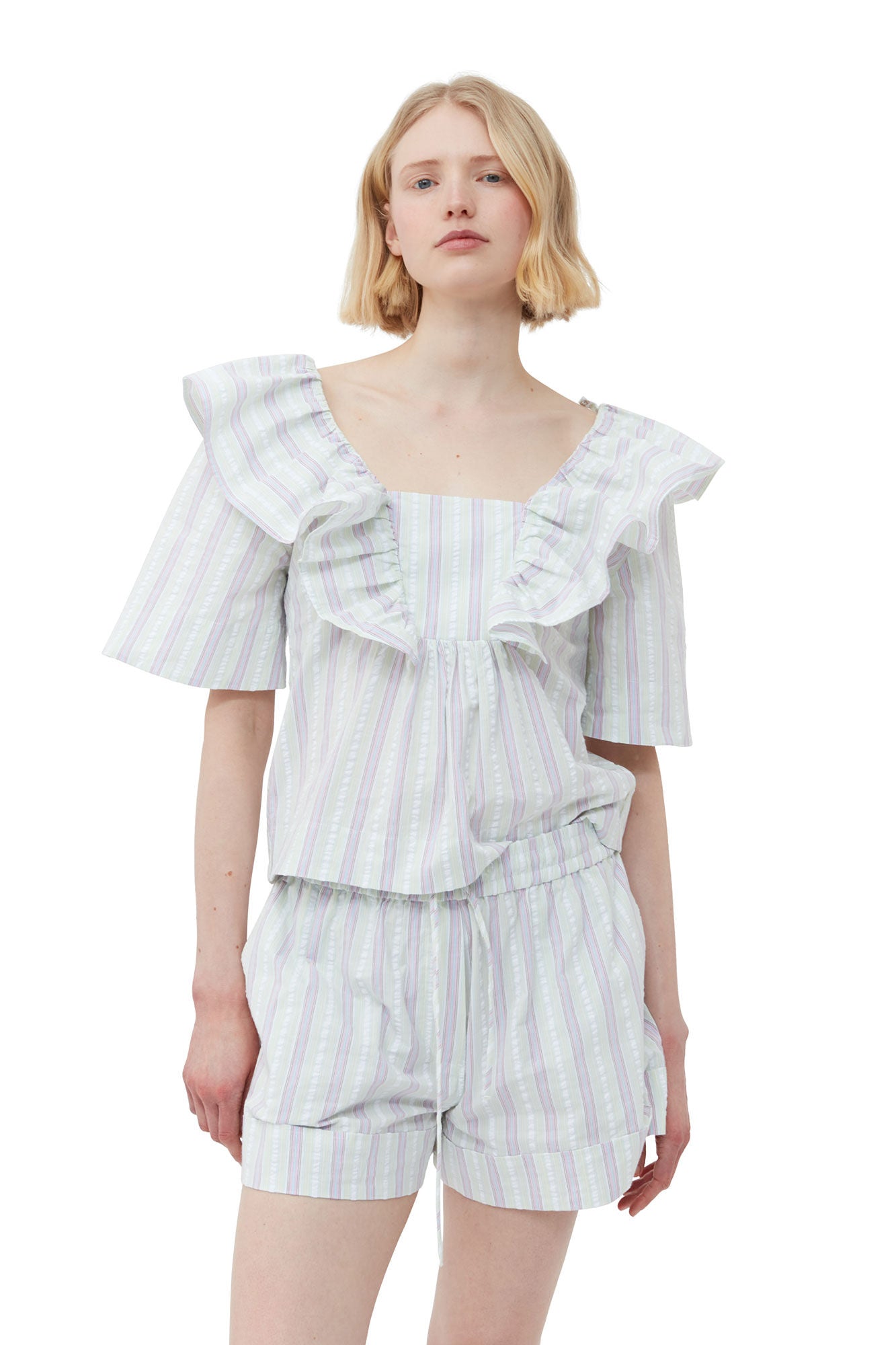 GANNI Stripe Seersucker Ruffle Blouse Mauve Chalk LEO BOUTIQUE