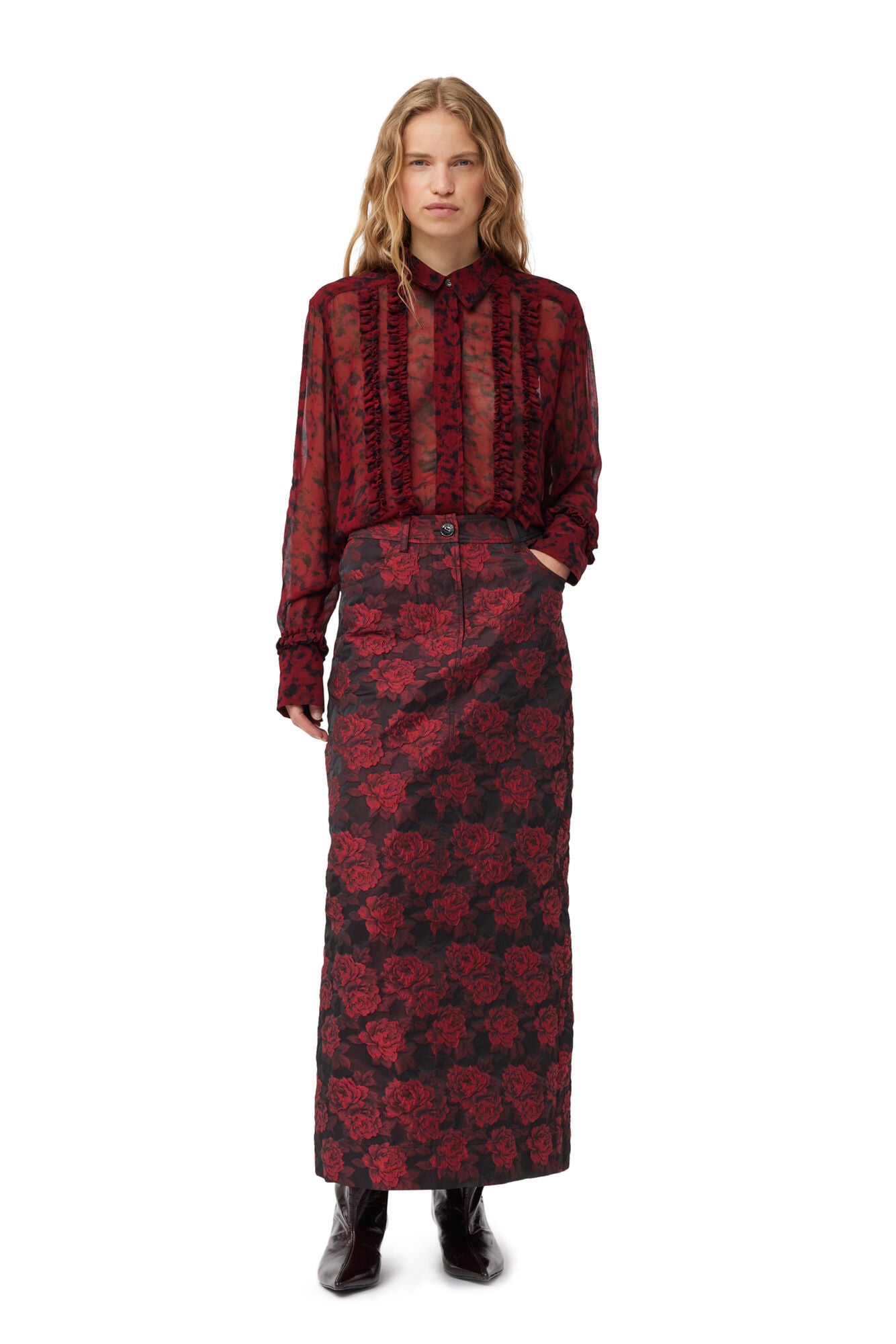 LEO BOUTIQUE Botanical Jacquard Long Skirt High Risk Red GANNI