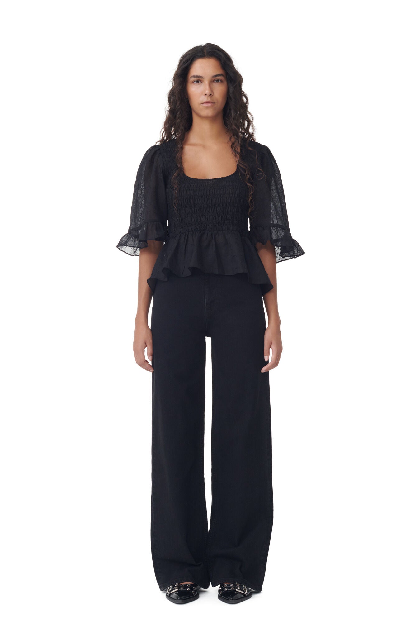 LEO BOUTIQUE Crinkled Georgette Smock Blouse Black GANNI