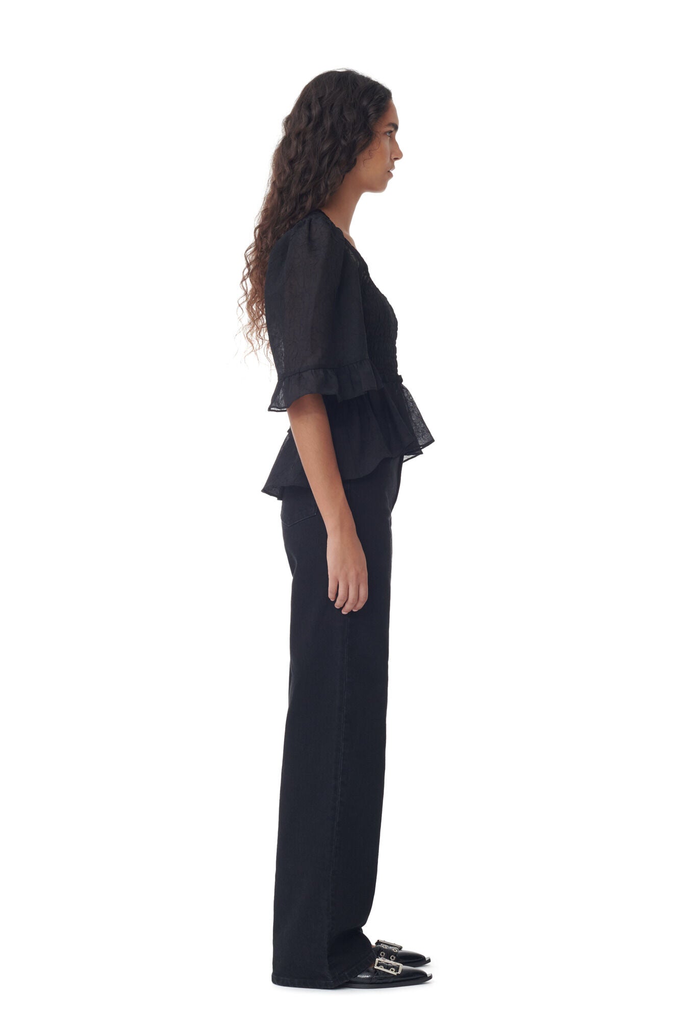 LEO BOUTIQUE Crinkled Georgette Smock Blouse Black GANNI