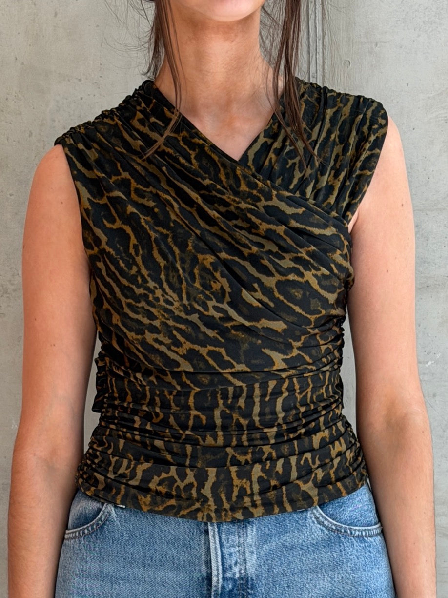 LEO BOUTIQUE Printed Shiny Jersey Ruched Blouse | Khaki GANNI