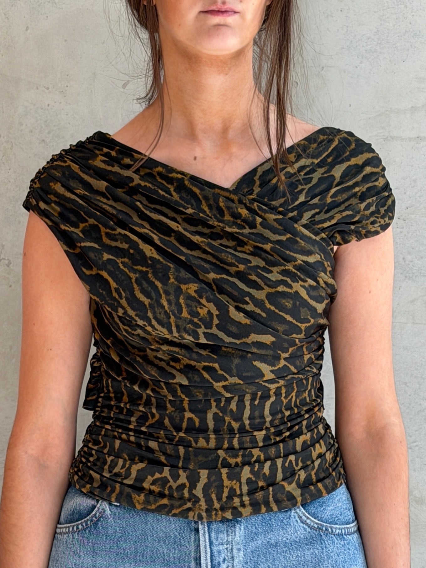 LEO BOUTIQUE Printed Shiny Jersey Ruched Blouse | Khaki GANNI