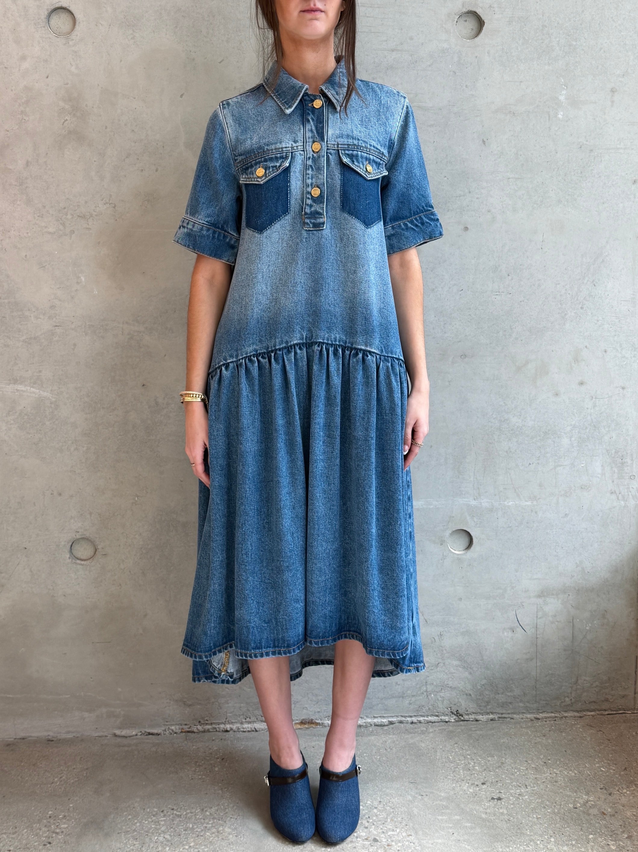 GANNI Light Weight Denim Midi Dress | Tint Wash LEO BOUTIQUE