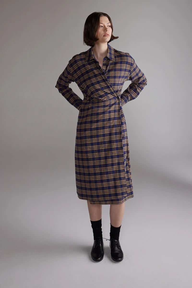 LEO BOUTIQUE Plaid Cotton Shirt Dress | Blue/Khaki AMENTE