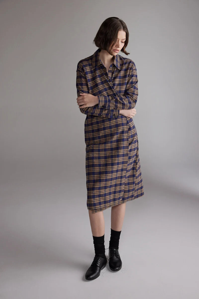 LEO BOUTIQUE Plaid Cotton Shirt Dress | Blue/Khaki AMENTE