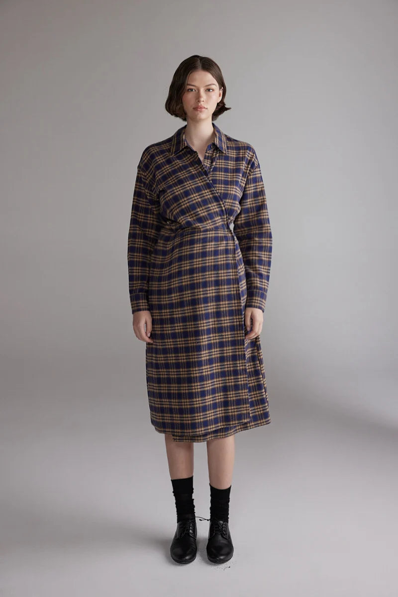 LEO BOUTIQUE Plaid Cotton Shirt Dress | Blue/Khaki AMENTE