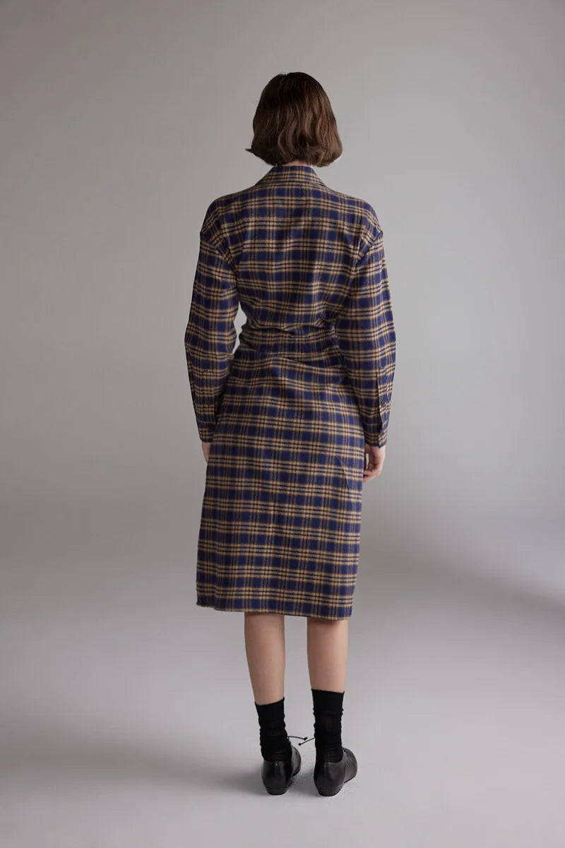 LEO BOUTIQUE Plaid Cotton Shirt Dress | Blue/Khaki AMENTE