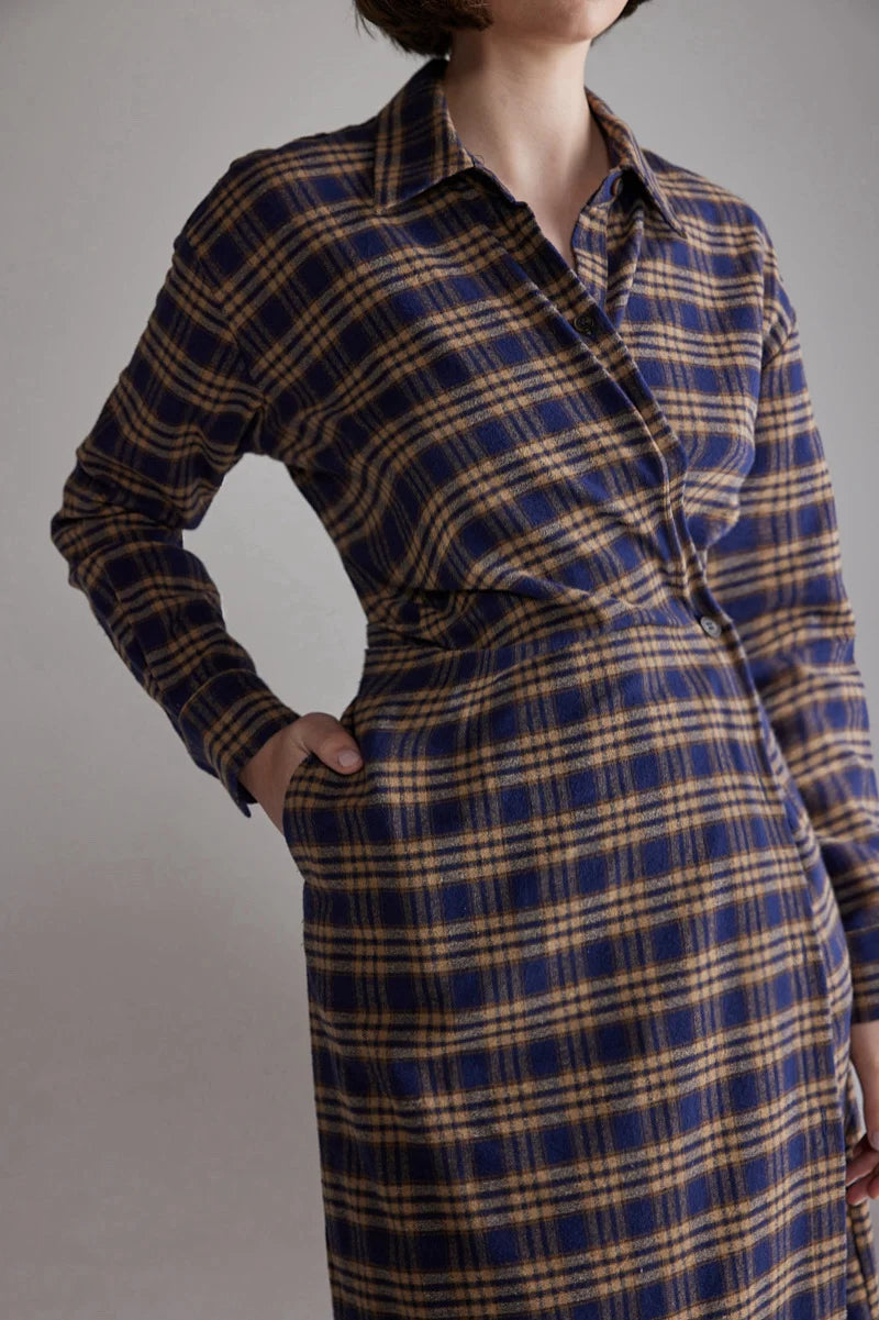 LEO BOUTIQUE Plaid Cotton Shirt Dress | Blue/Khaki AMENTE