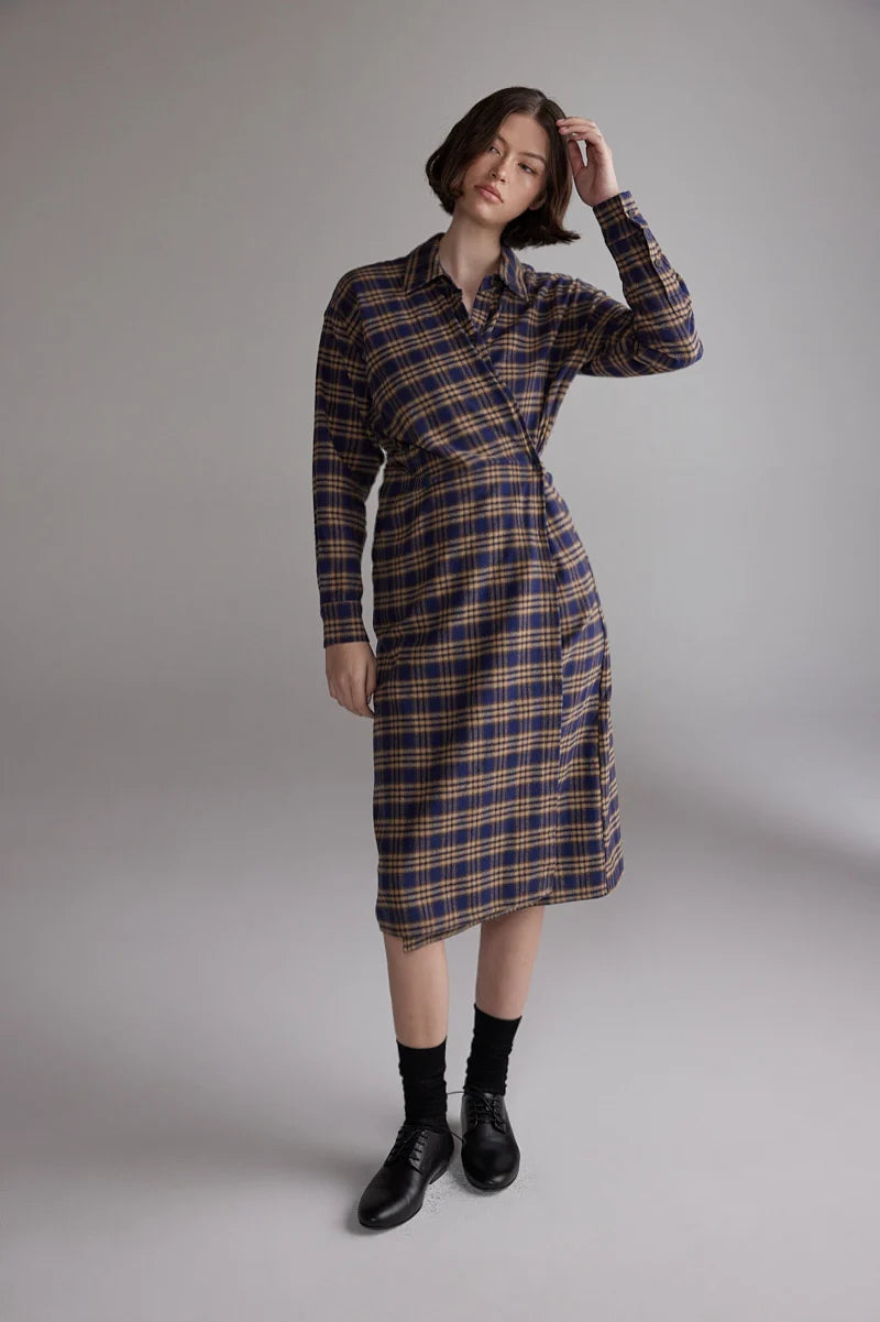 LEO BOUTIQUE Plaid Cotton Shirt Dress | Blue/Khaki AMENTE