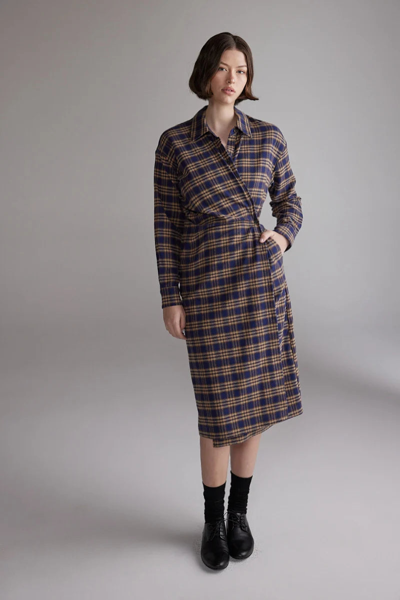LEO BOUTIQUE Plaid Cotton Shirt Dress | Blue/Khaki AMENTE