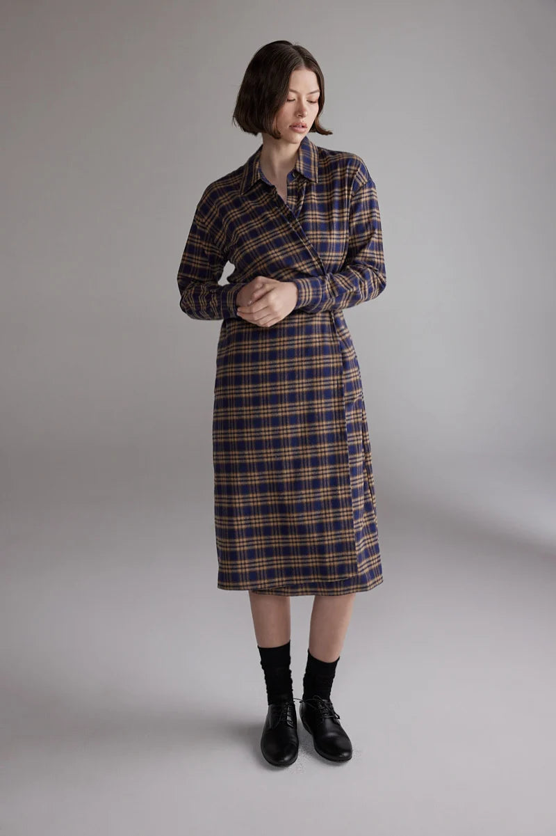 LEO BOUTIQUE Plaid Cotton Shirt Dress | Blue/Khaki AMENTE