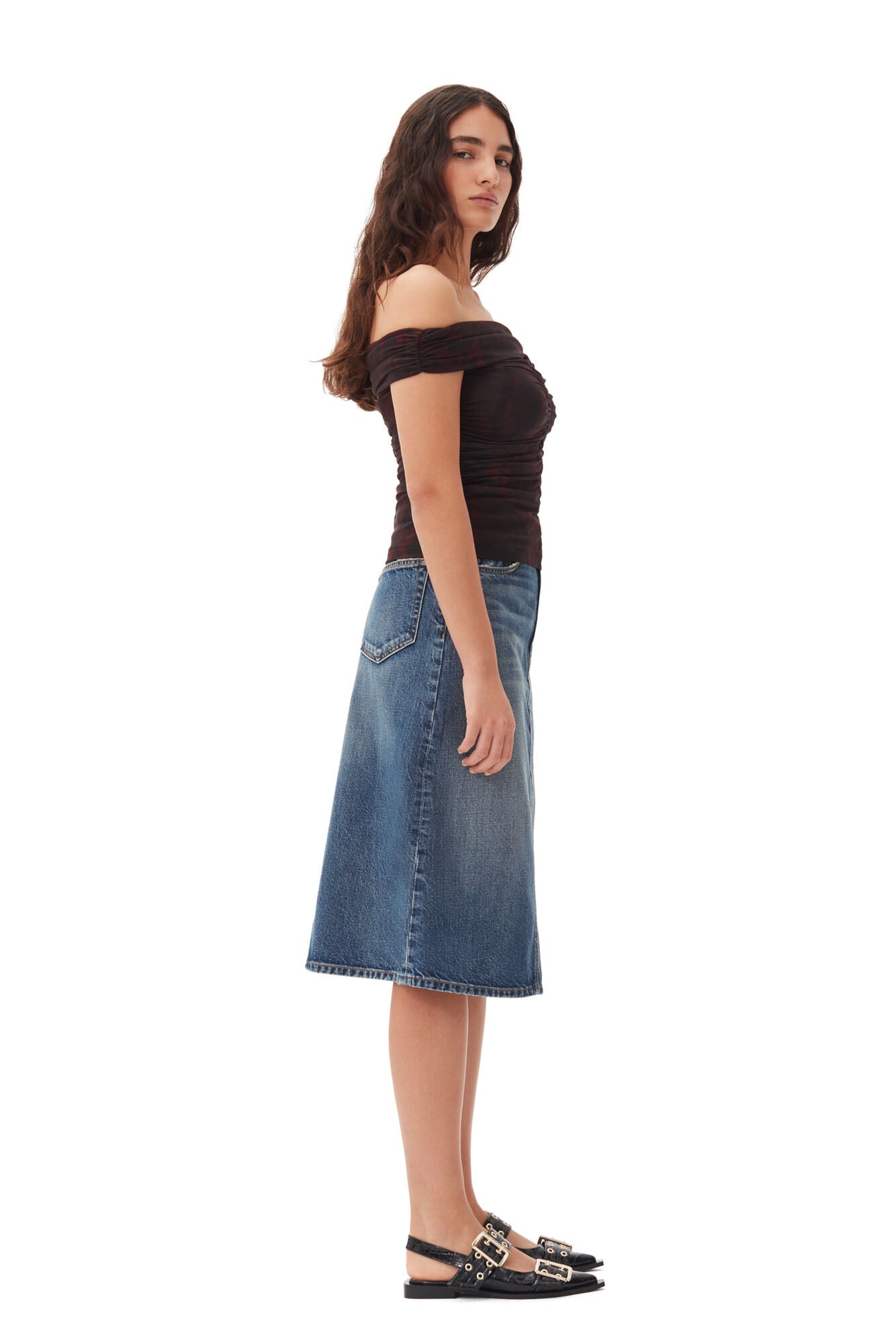 GANNI Heavy Washed Denim Midi Skirt | Dark Blue LEO BOUTIQUE