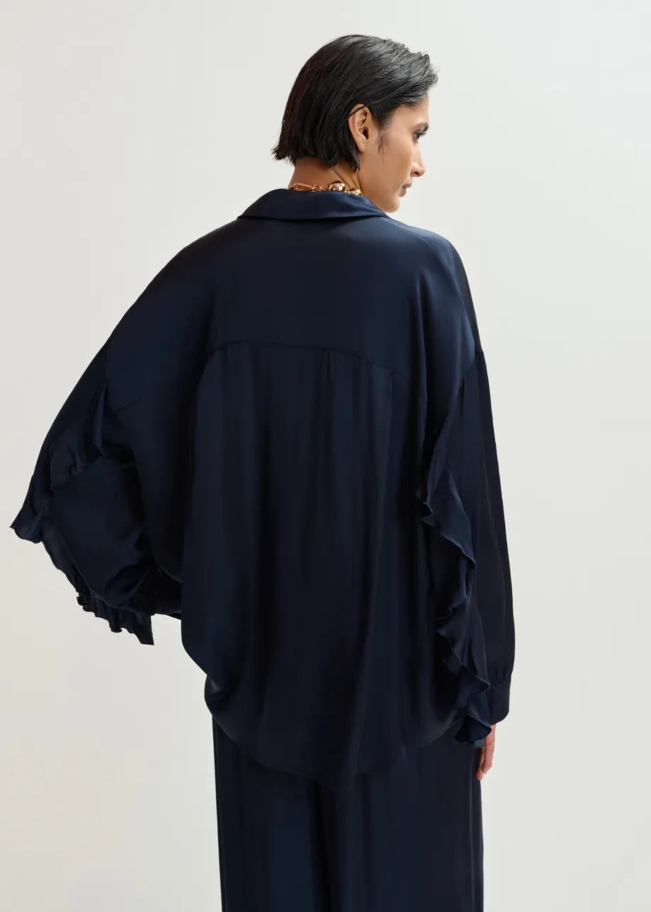 LEO BOUTIQUE Judith Oversized Ruffle Shirt | Navy ESSENTIEL ANTWERP
