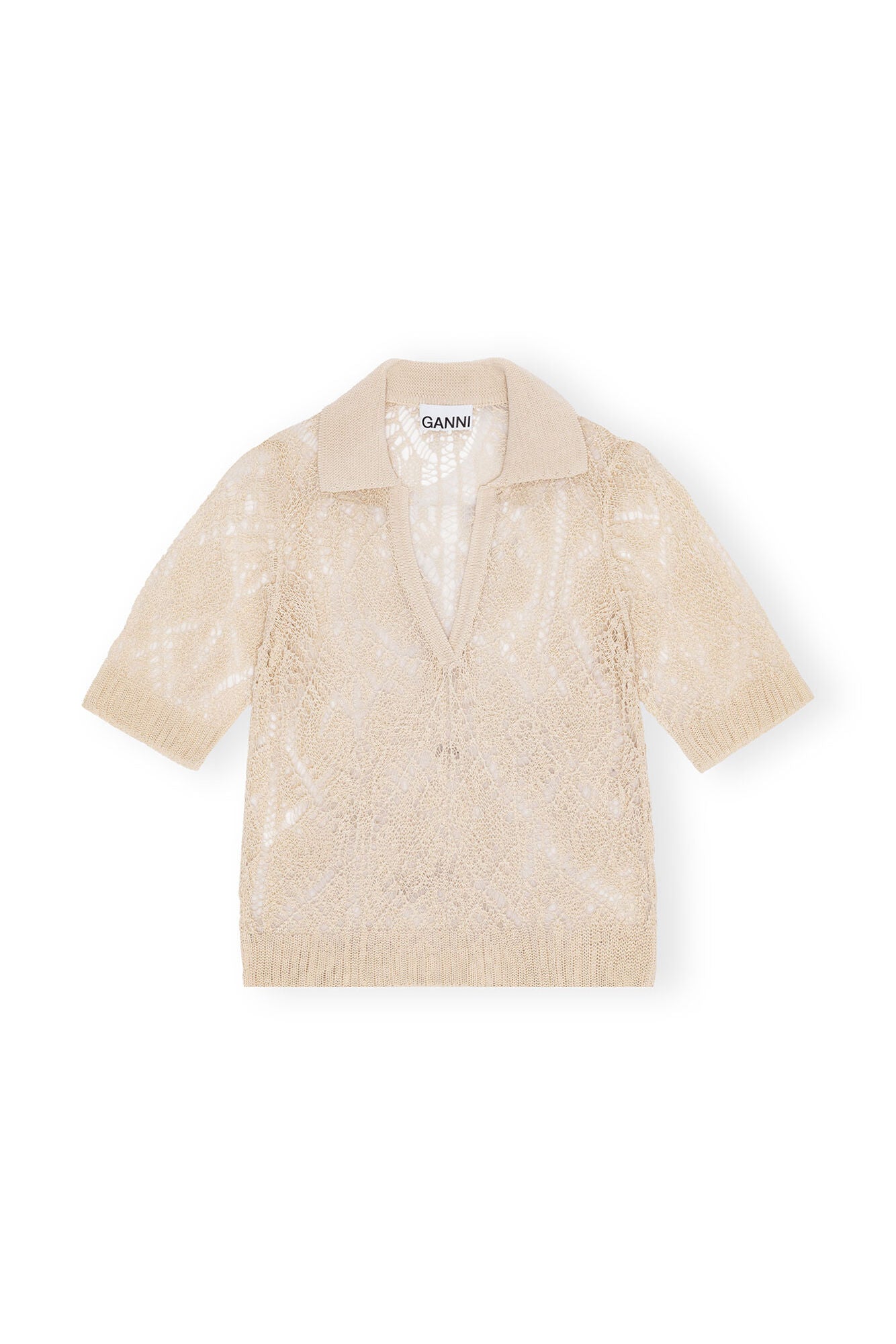 LEO boutique thin cotton lace short sleeve polo egret GANNI