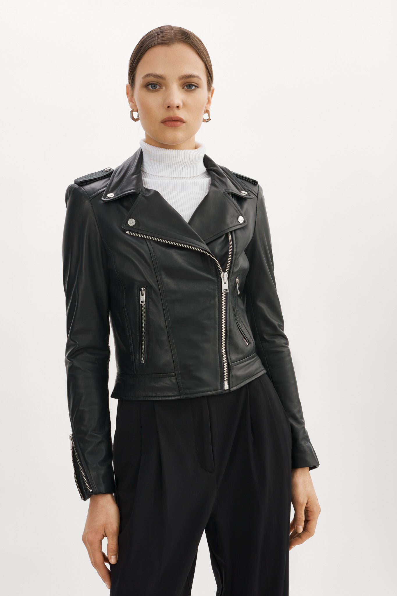 LEO BOUTIQUE Donna Iconic Leather Biker Jacket Black Silver LAMARQUE 