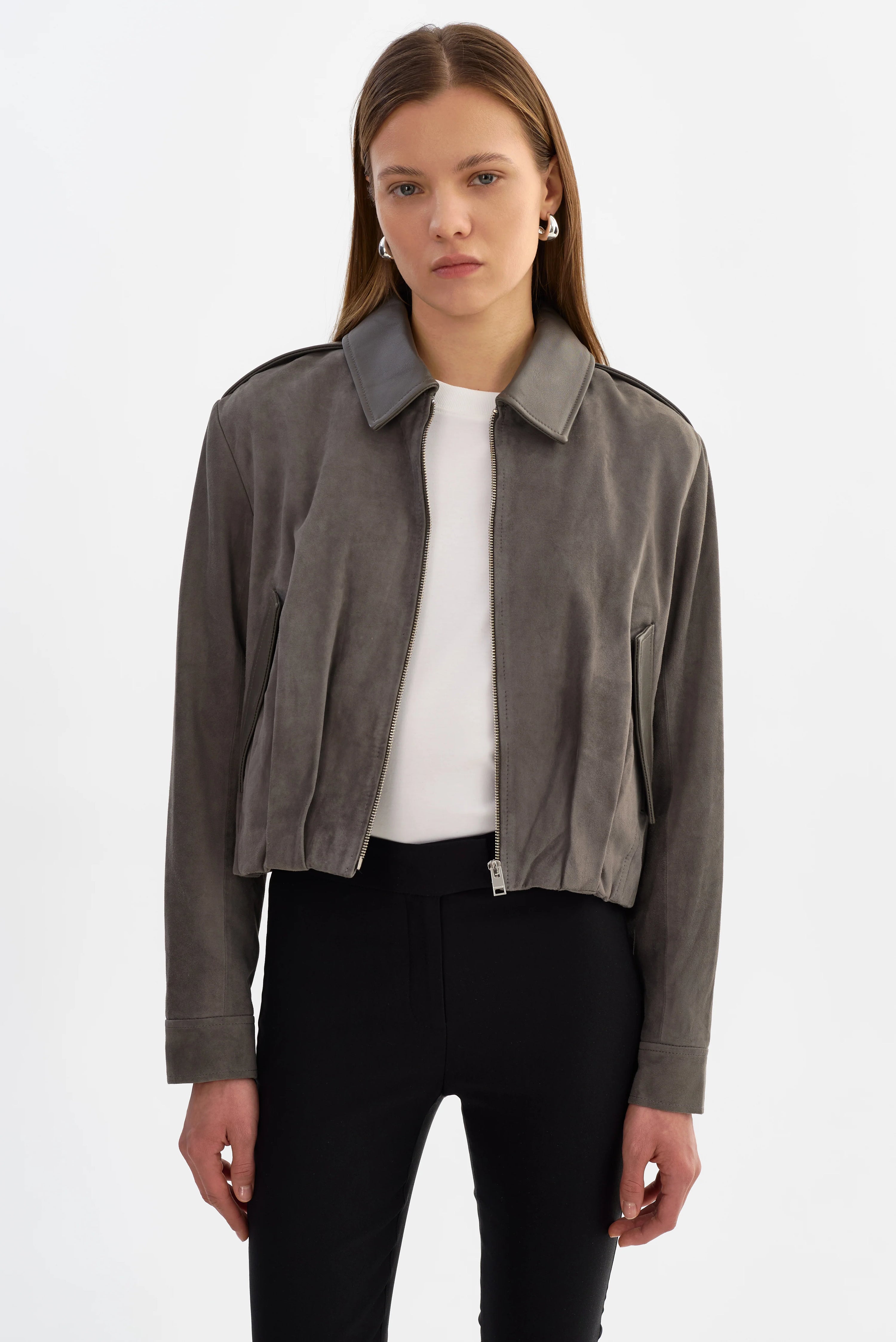 LAMARQUE Robbie Suede Bomber Jacket | Steel Grey LEO BOUTIQUE