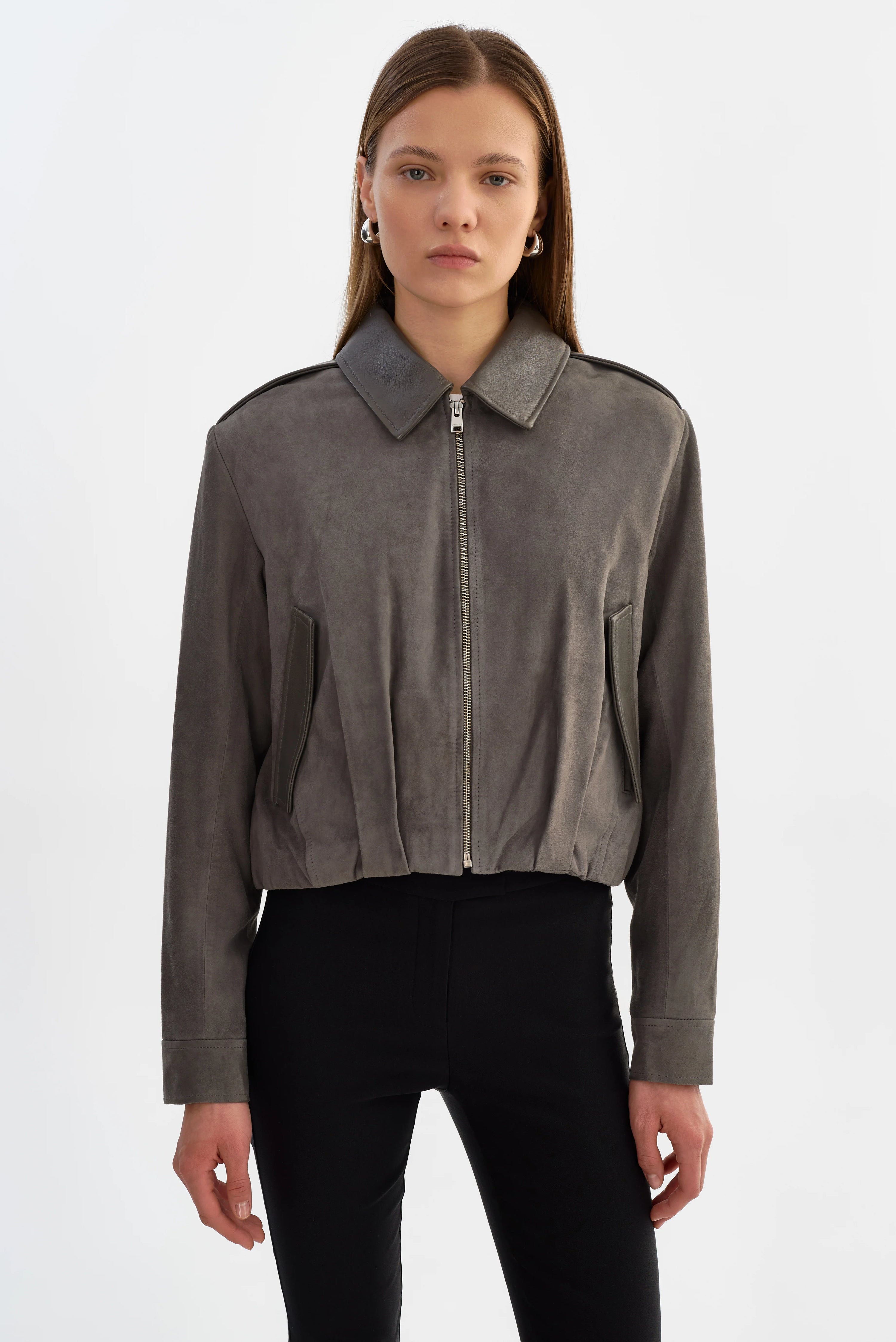 LAMARQUE Robbie Suede Bomber Jacket | Steel Grey LEO BOUTIQUE