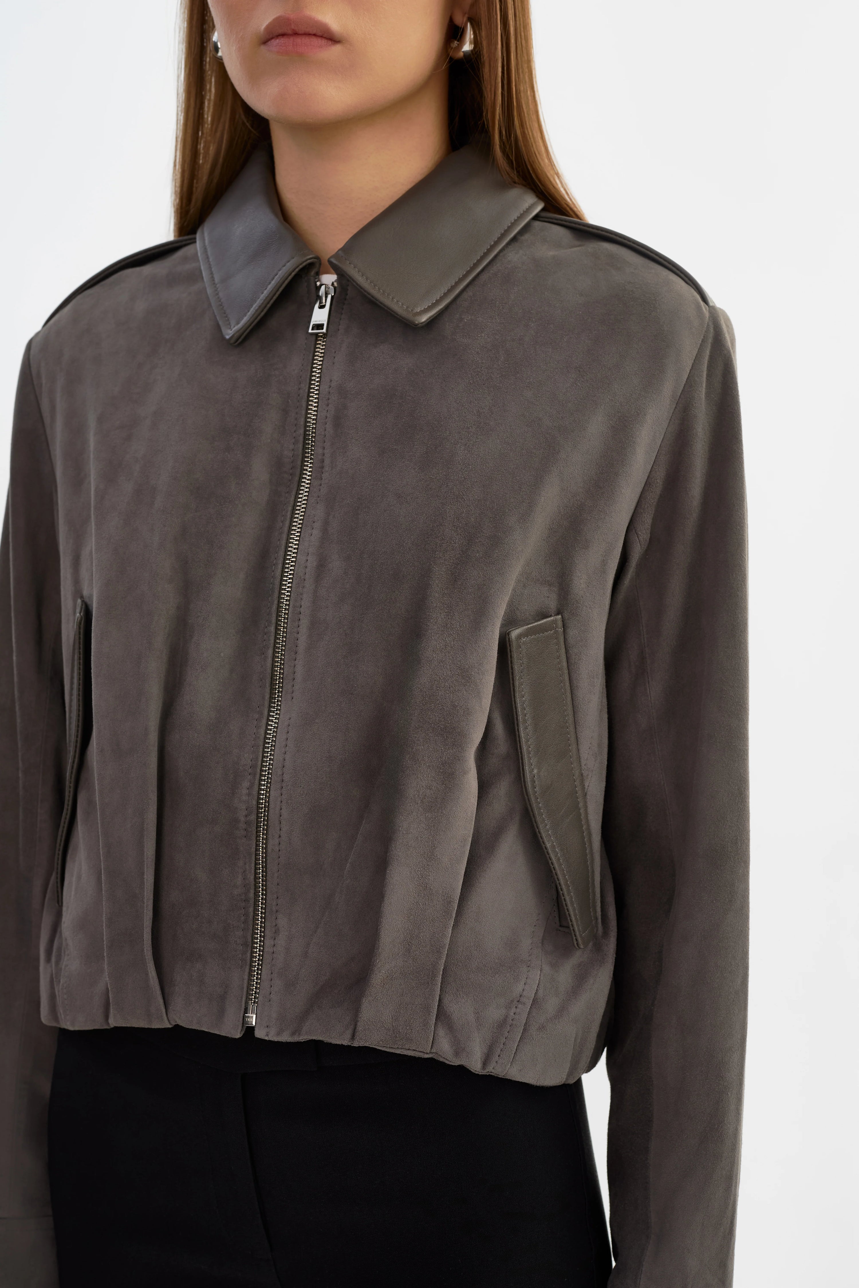 LAMARQUE Robbie Suede Bomber Jacket | Steel Grey LEO BOUTIQUE