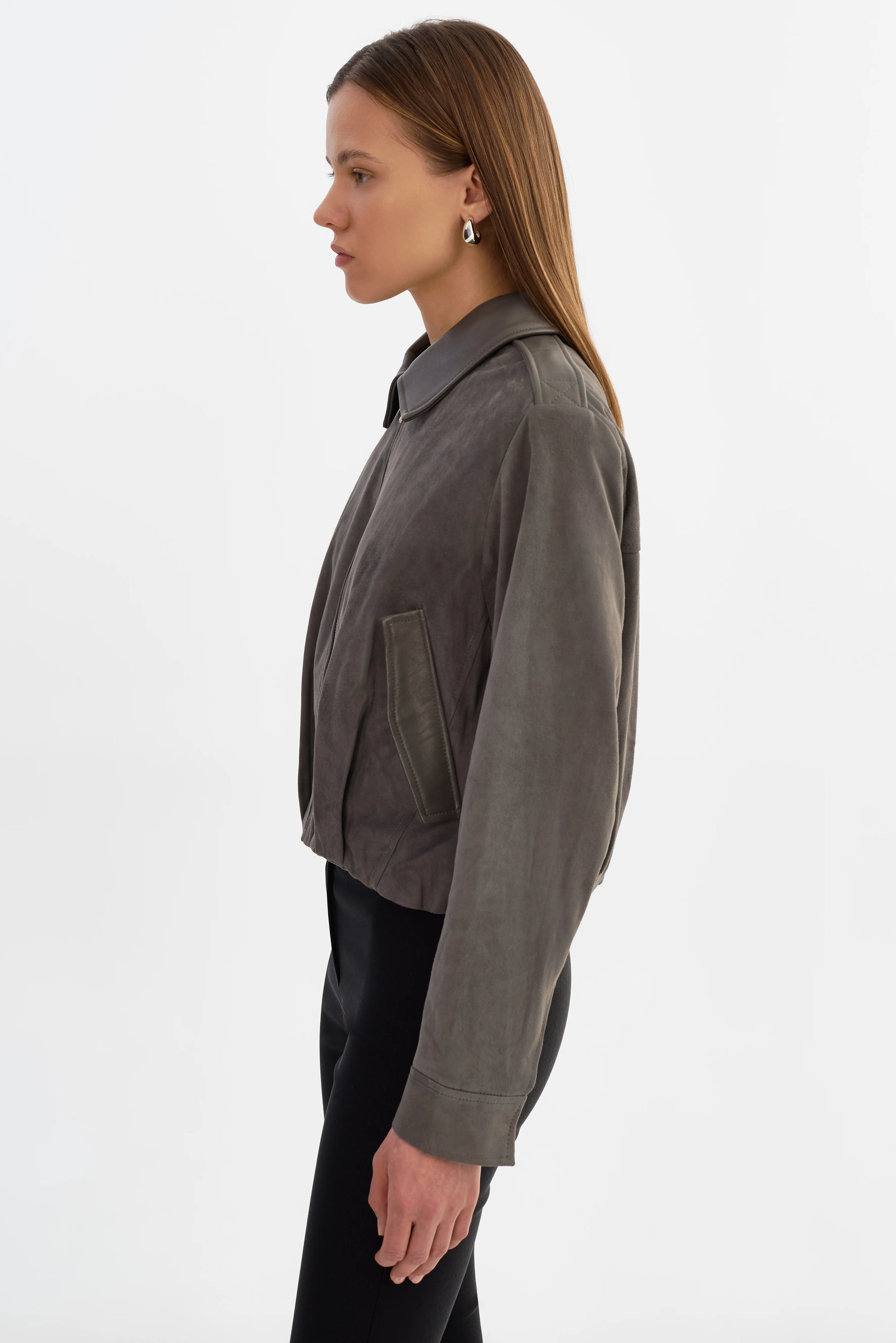 LAMARQUE Robbie Suede Bomber Jacket | Steel Grey LEO BOUTIQUE