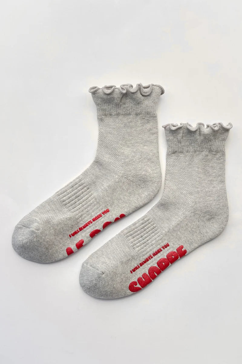 Ruffled Hugger Crew Socks | Grey/Red