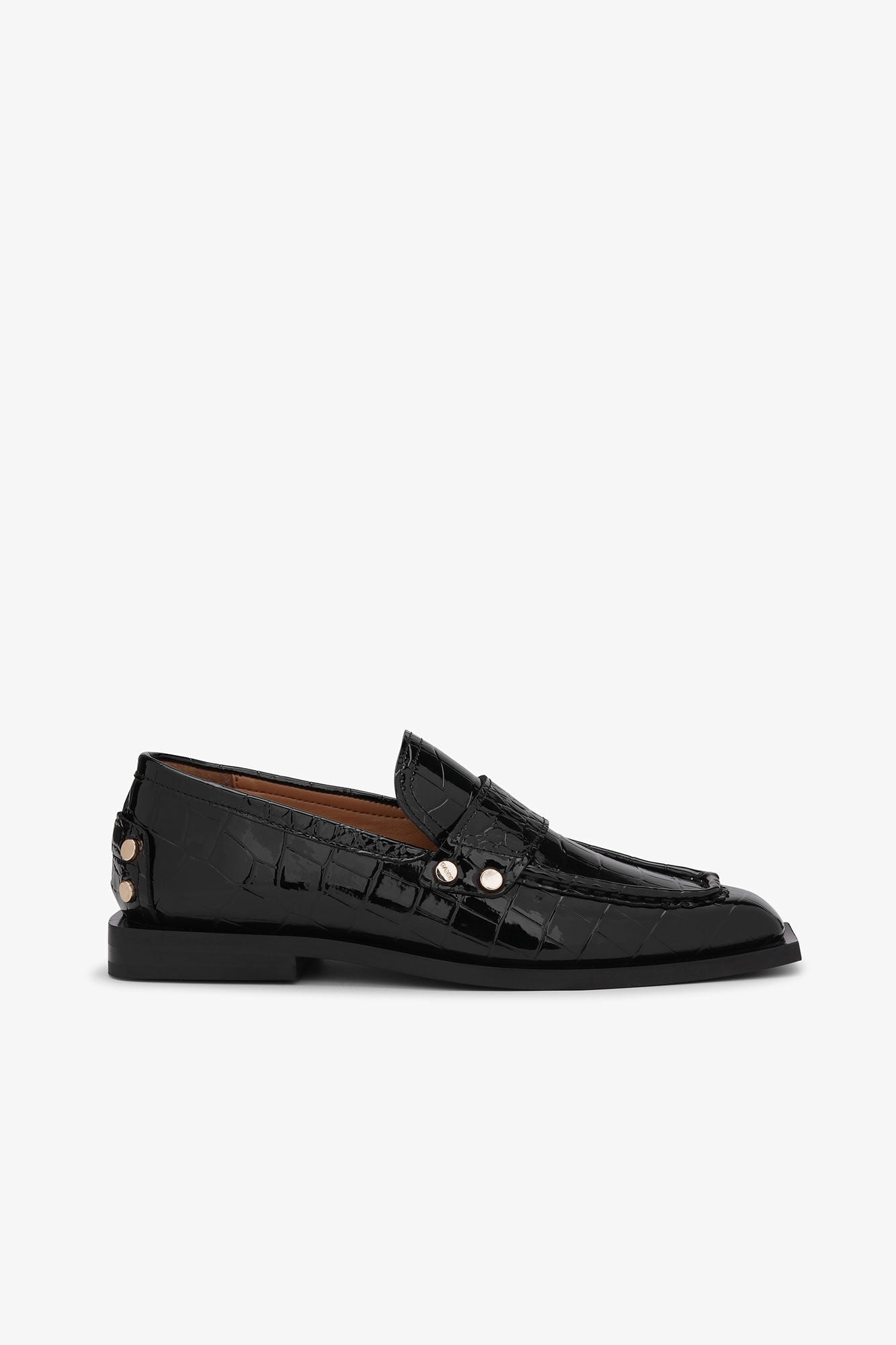 GANNI Studs Square Toe Loafer | Shiny Black Crocodile LEO BOUTIQUE