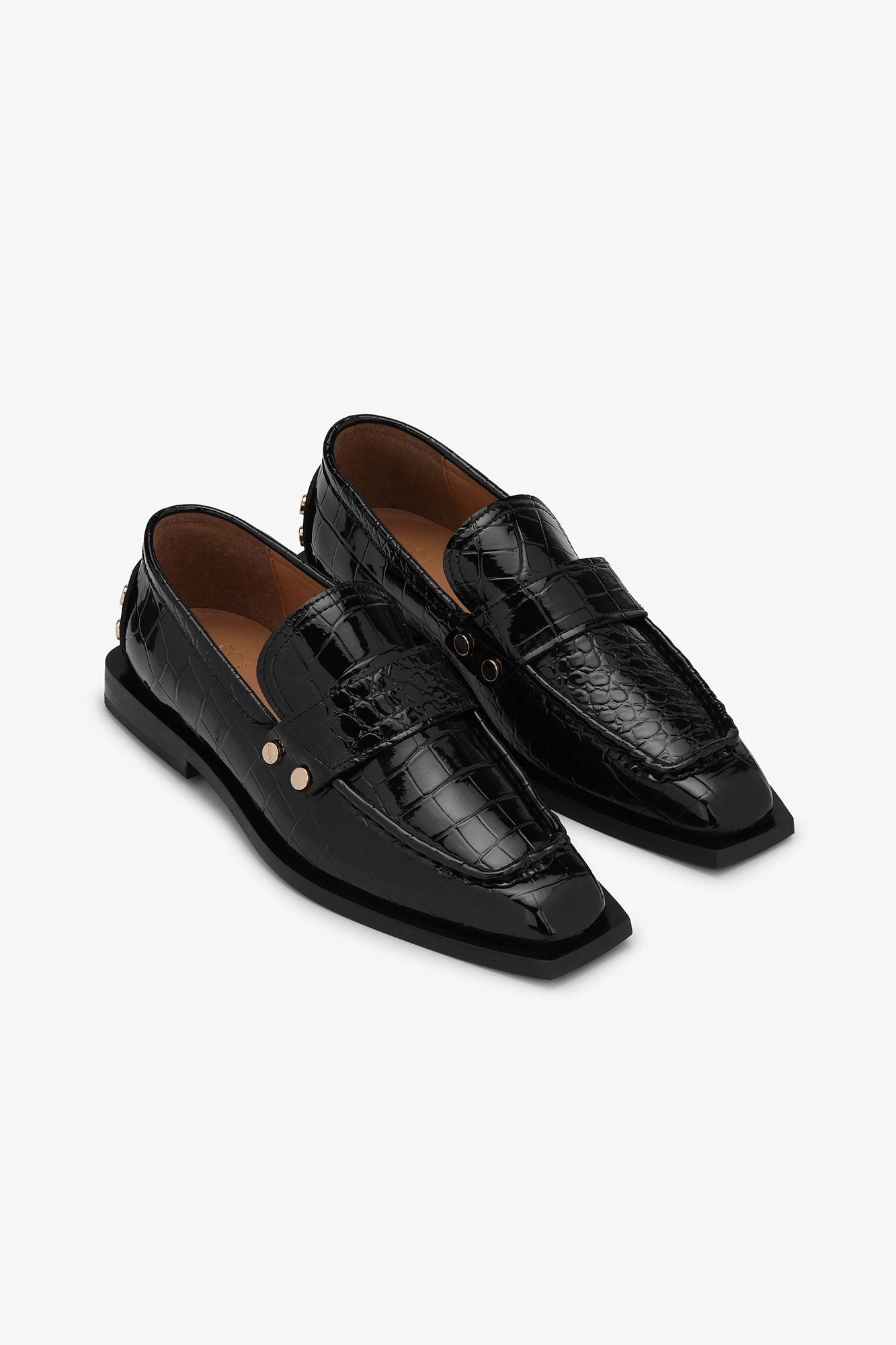 GANNI Studs Square Toe Loafer | Shiny Black Crocodile LEO BOUTIQUE