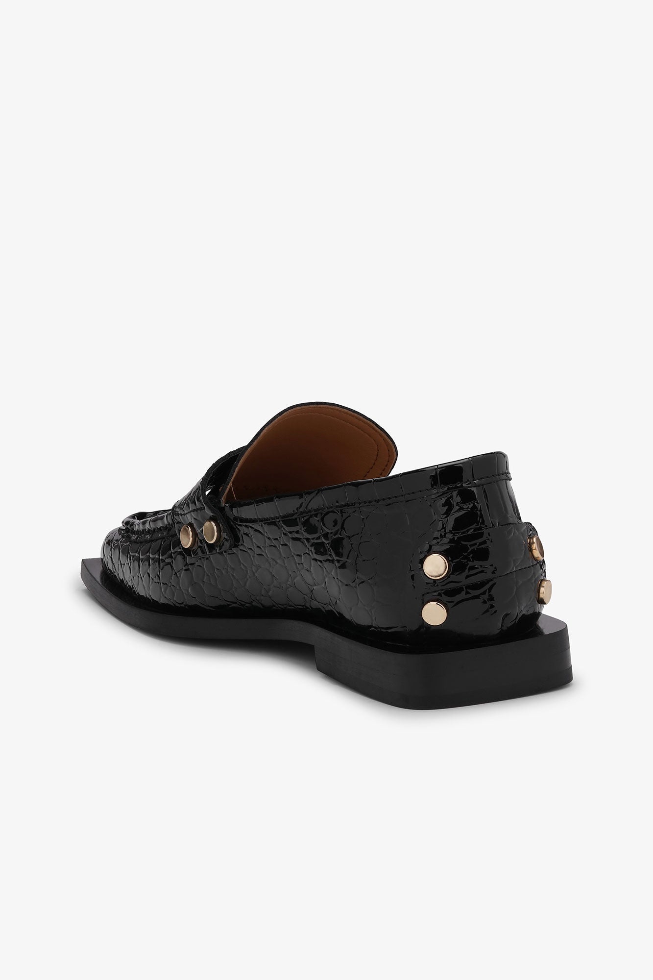 GANNI Studs Square Toe Loafer | Shiny Black Crocodile LEO BOUTIQUE