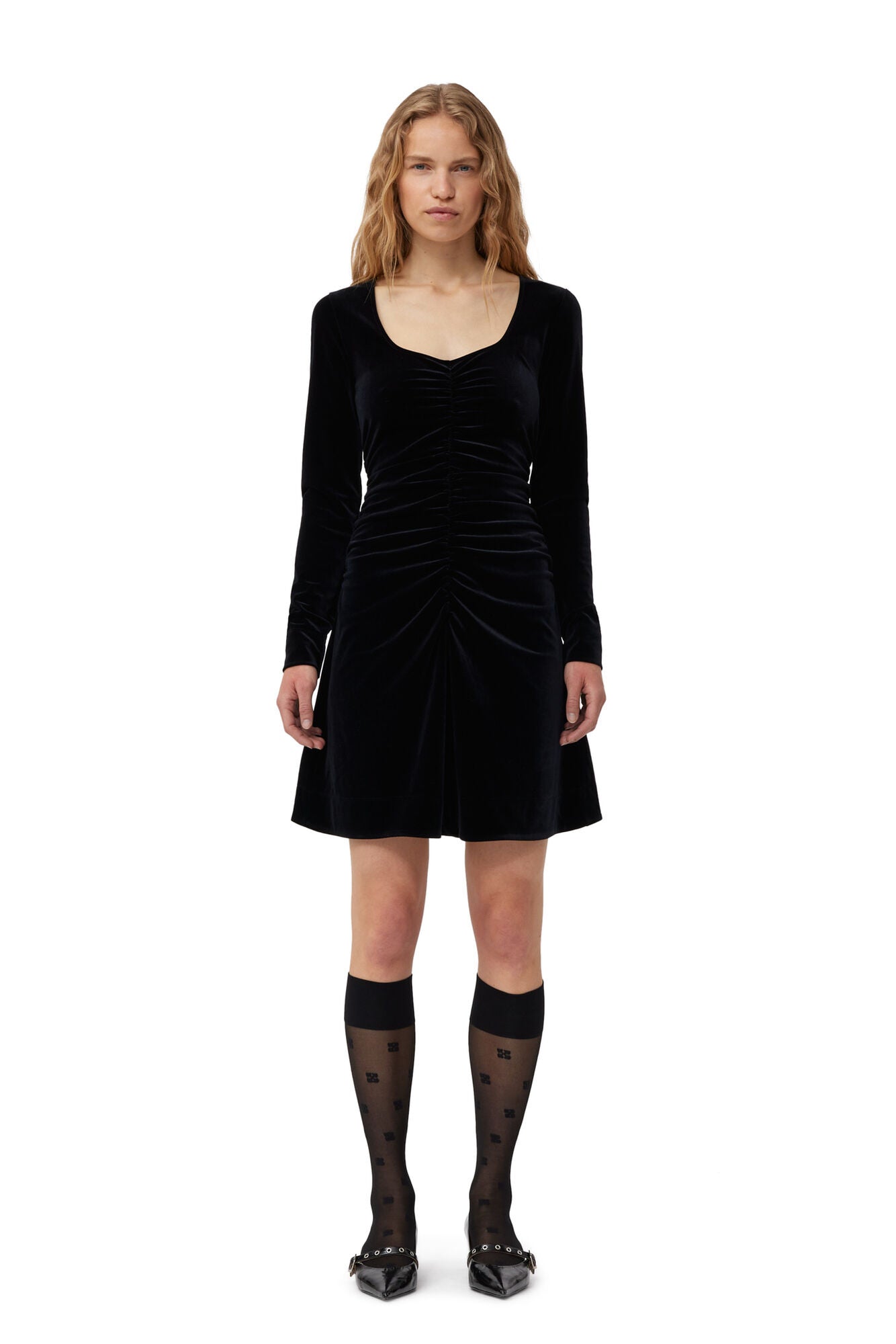 ganni velvet jersey dress Ganni Black Velvet Jersey Gathered Mini Dress