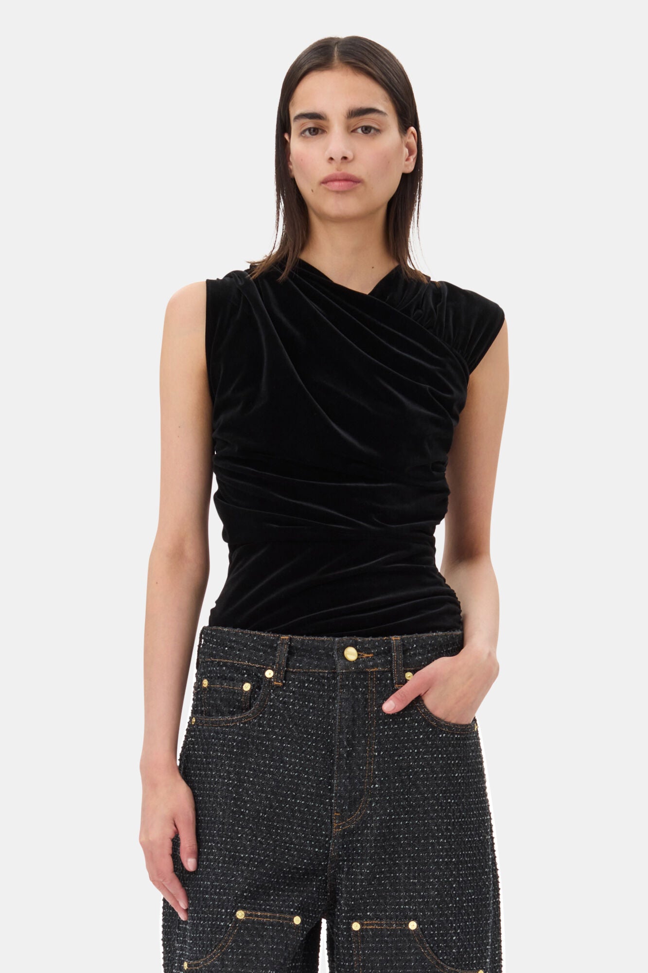 LEO BOUTIQUE Velvet Ruched Top Black GANNI