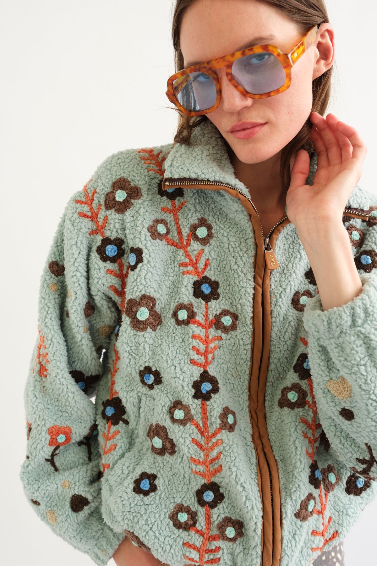 LEO BOUTIQUE Cervantes Hand Embroidered Sherpa Jacket | Light Blue TACH 