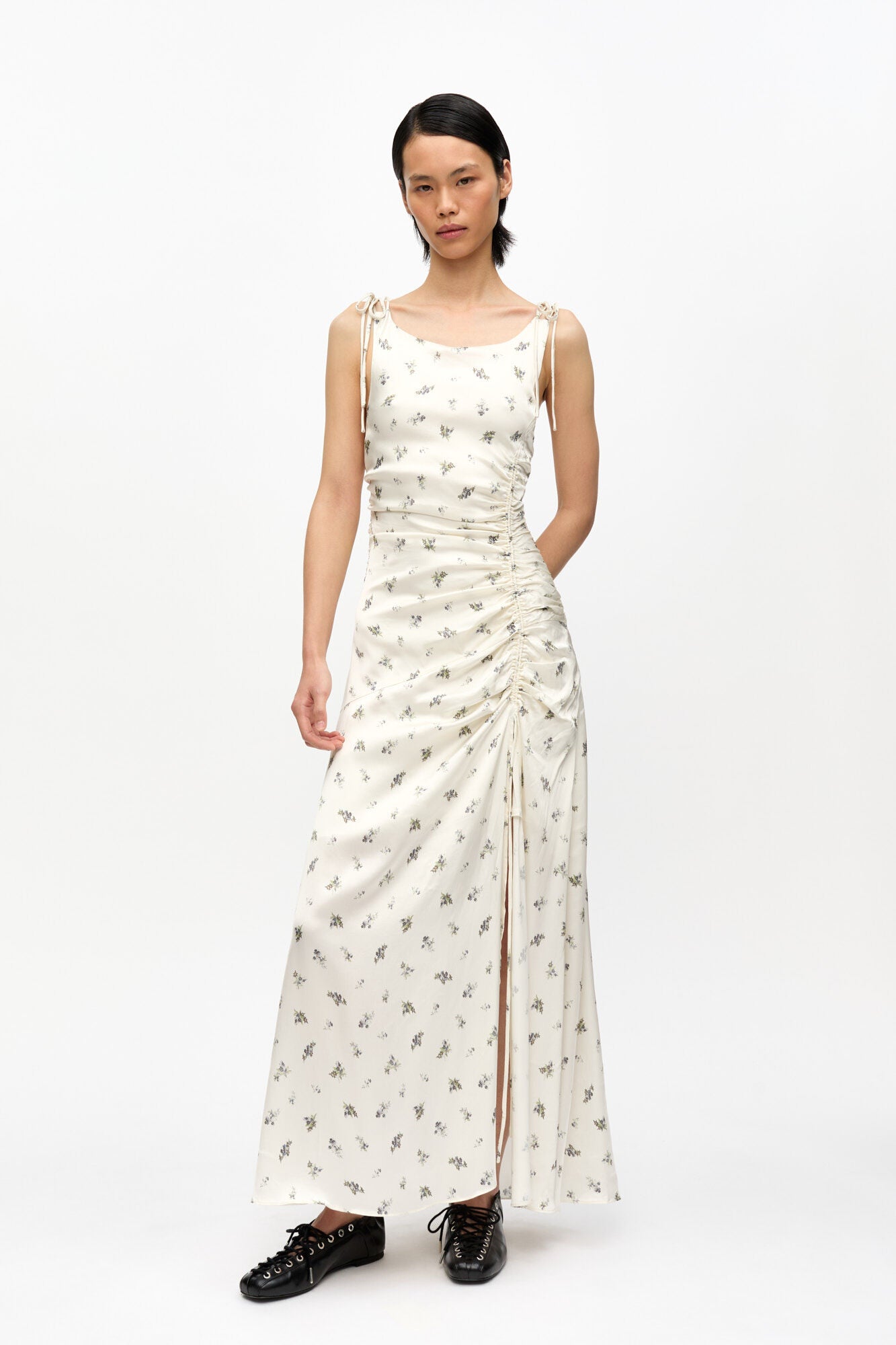 GANNI Printed Satin Gathered Long Dress | Egret LEO BOUTIQUE