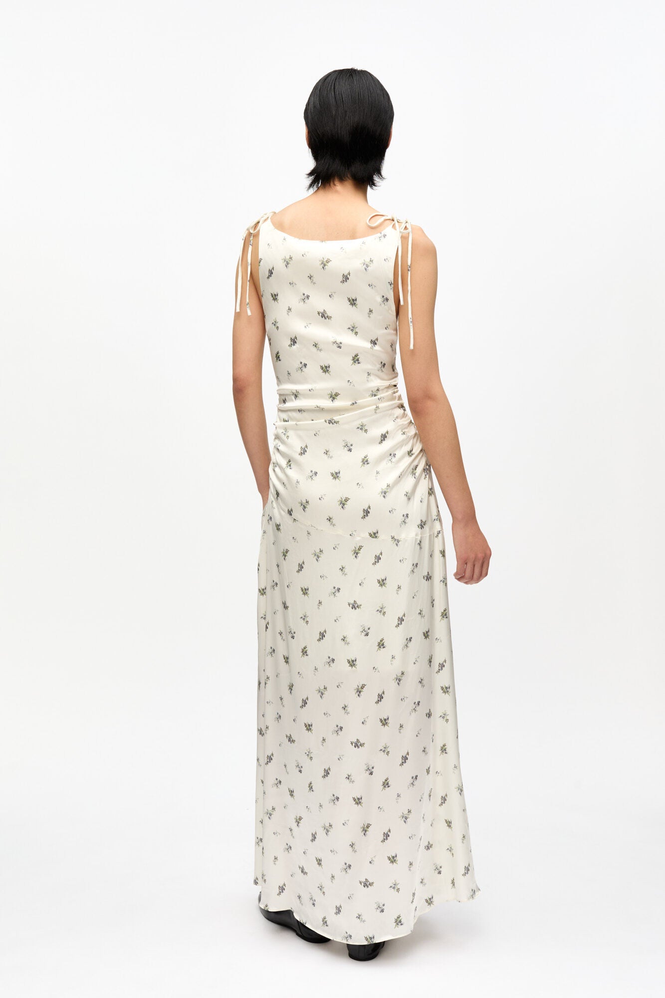 GANNI Printed Satin Gathered Long Dress | Egret LEO BOUTIQUE