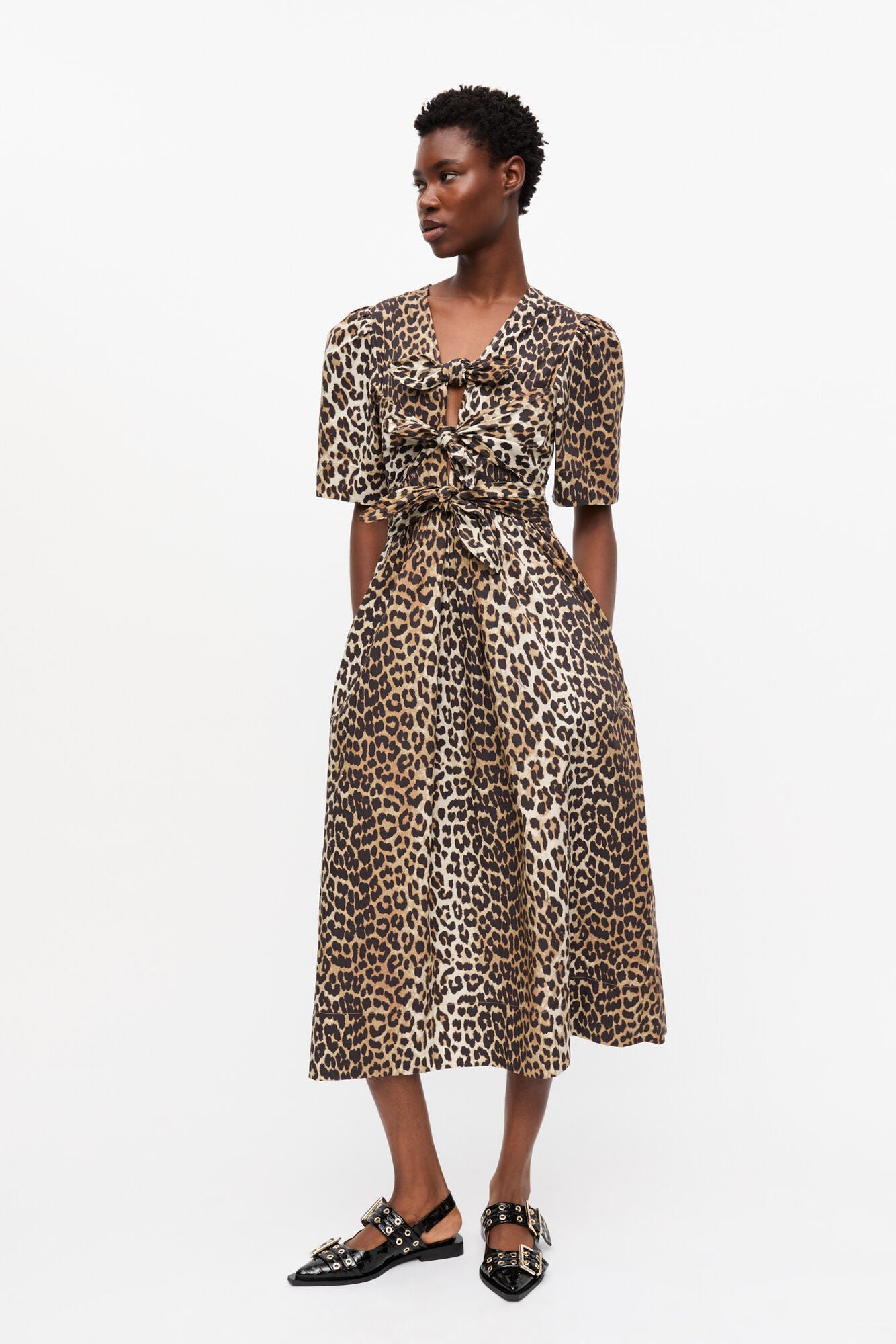 GANNI Printed Cotton Tie Strap Midi Dress | Leopard LEO BOUTIQUE