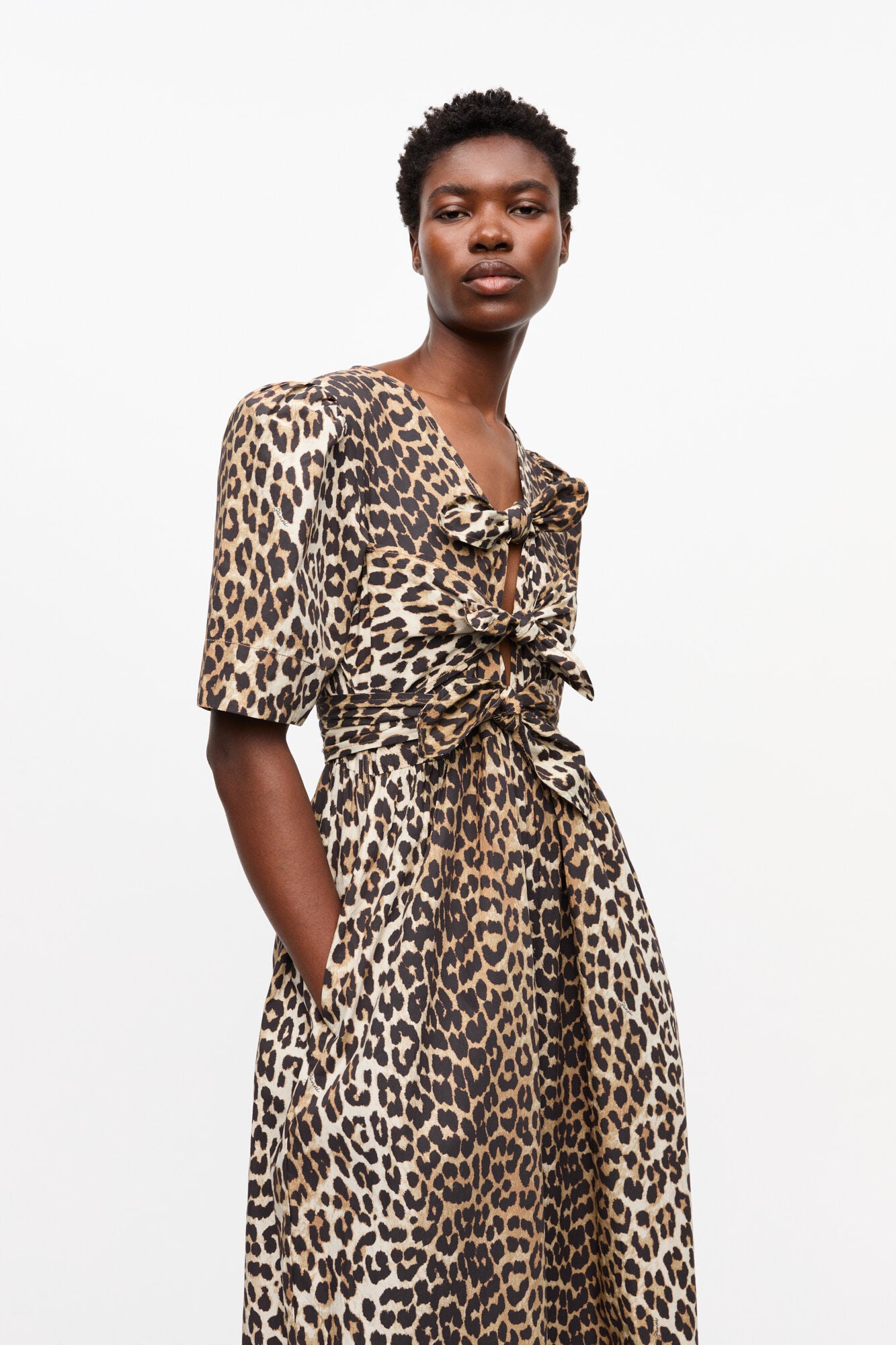 GANNI Printed Cotton Tie Strap Midi Dress | Leopard LEO BOUTIQUE