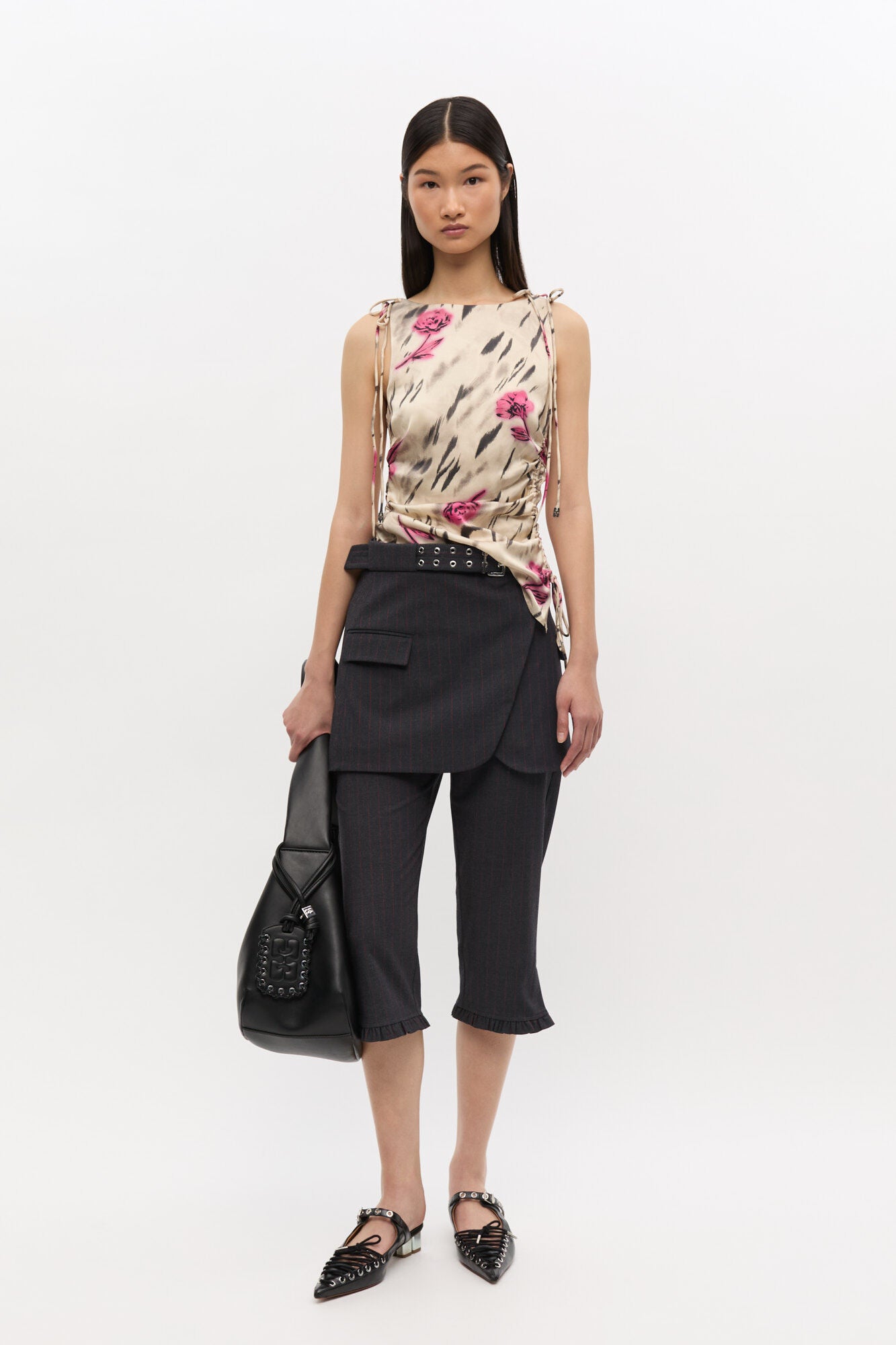 GANNI Printed Stretch Satin Gathered top | Egret LEO BOUTIQUE