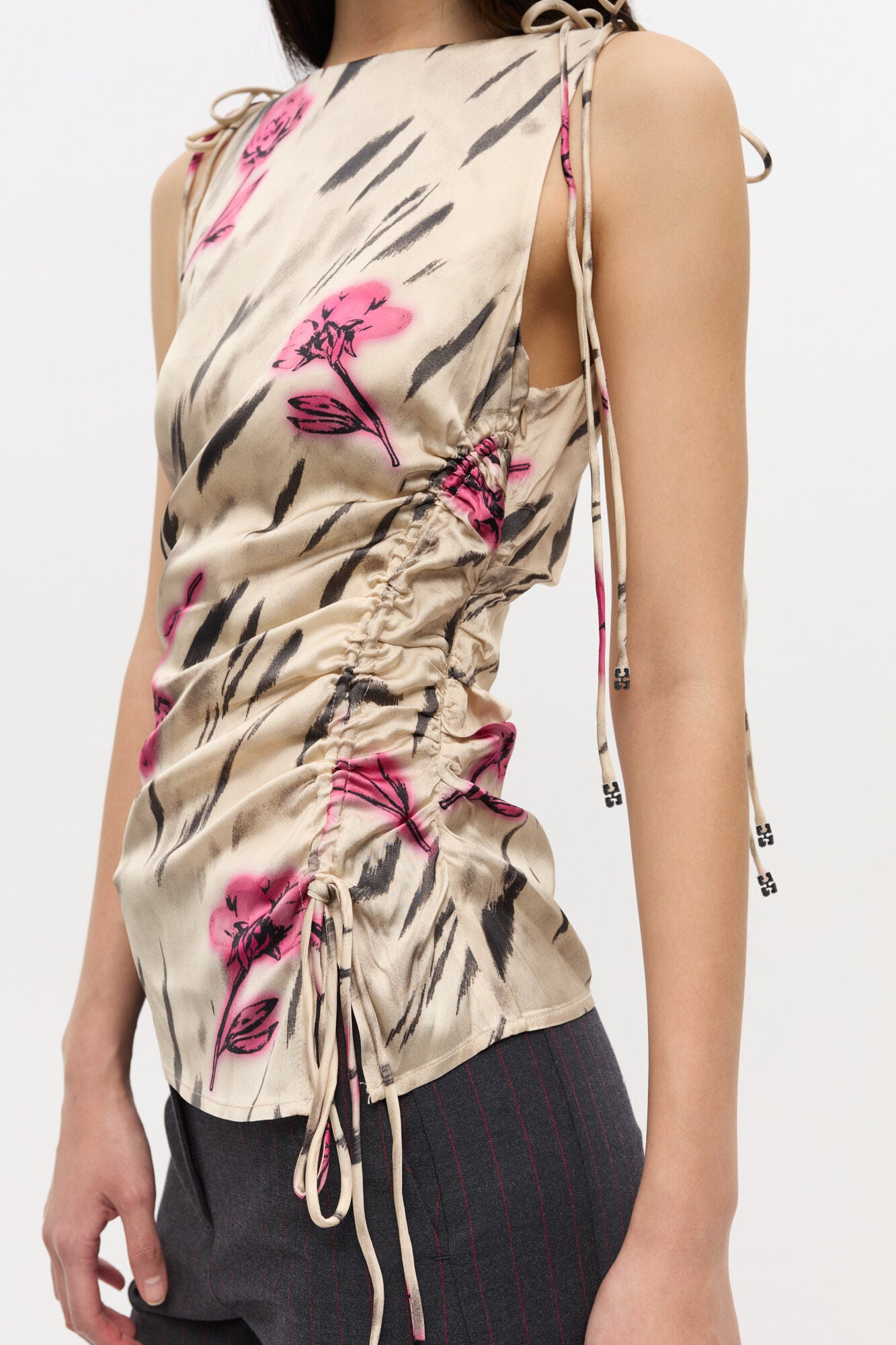 GANNI Printed Stretch Satin Gathered top | Egret LEO BOUTIQUE