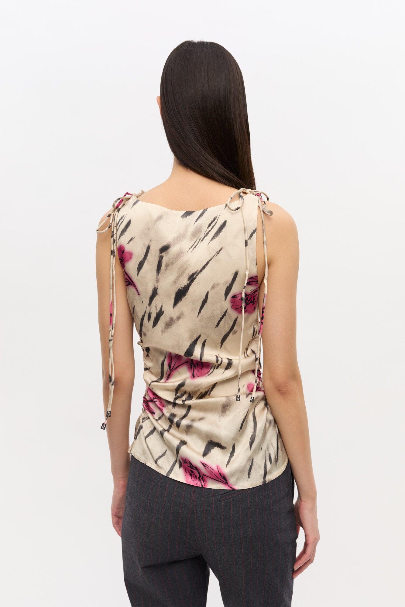 GANNI Printed Stretch Satin Gathered top | Egret LEO BOUTIQUE