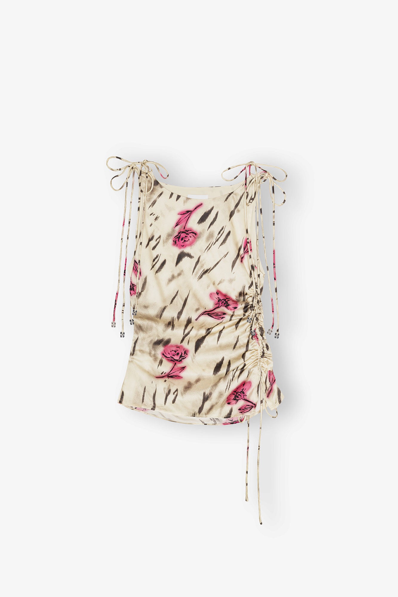 GANNI Printed Stretch Satin Gathered top | Egret LEO BOUTIQUE
