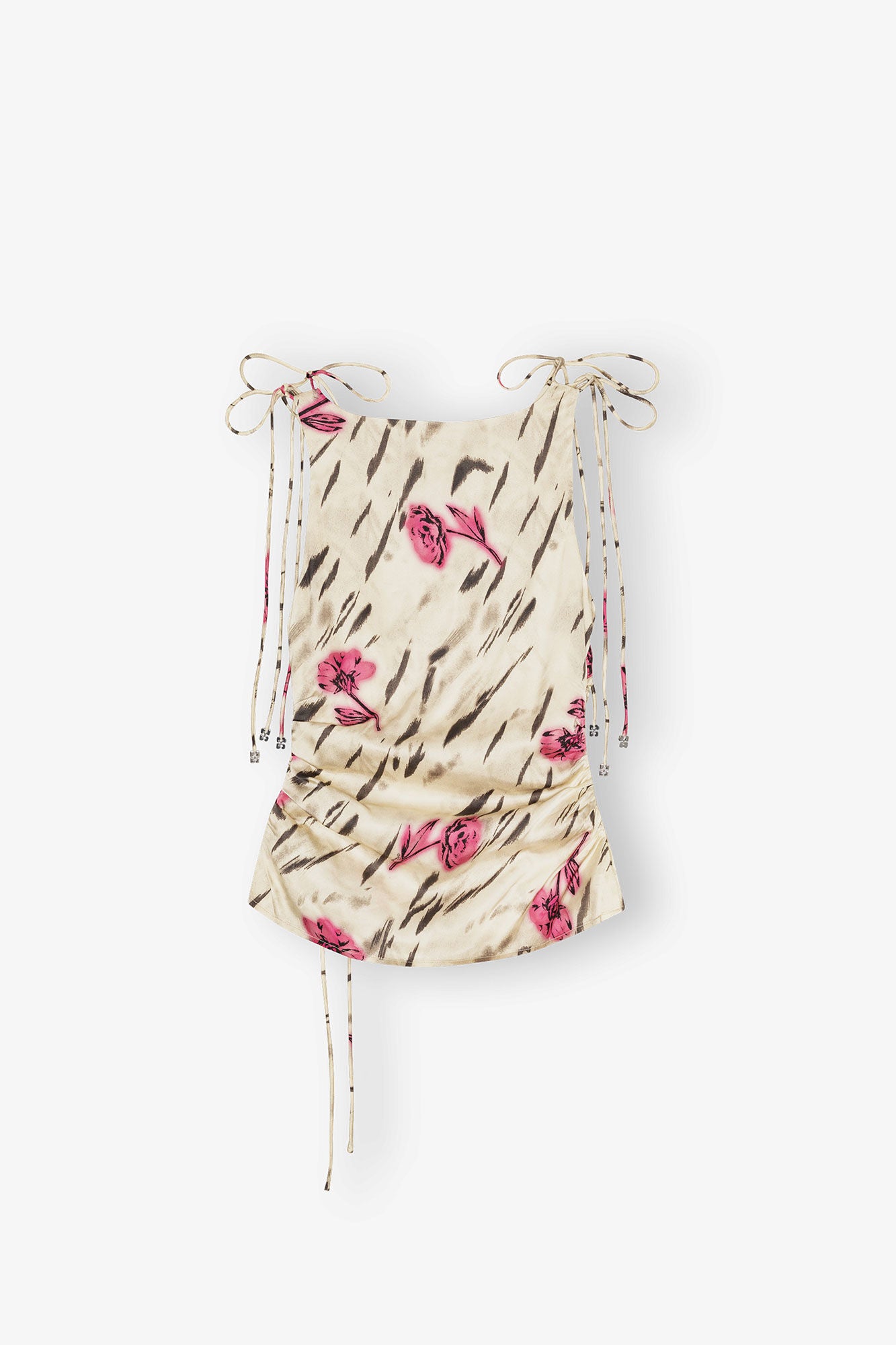 GANNI Printed Stretch Satin Gathered top | Egret LEO BOUTIQUE