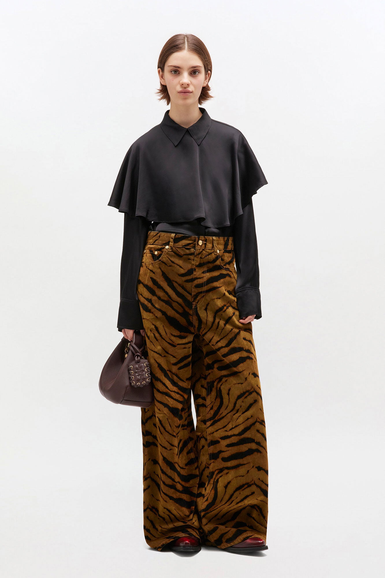 Solid Stretch Satin Circle Collar Shirt | Black