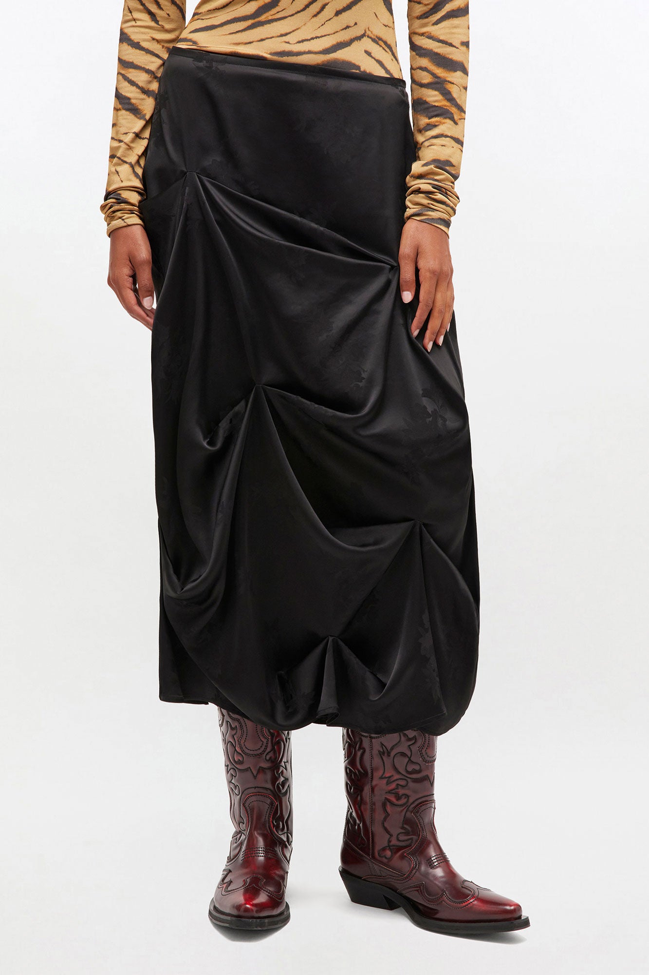 Double Viscose Satin Tuck Detail Long Skirt | Chicory Coffee